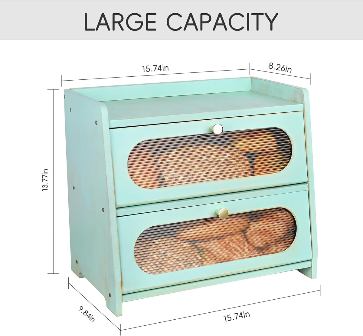 2-Tier Green Bread Box for Kitchen Countertop with Window | Farmhouse Bread Storage Container, Large Pantry Organizers