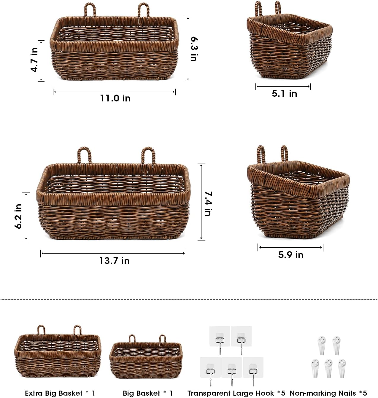 Boho Style Hand-Woven Hanging Storage Baskets / Brown / 2 Pc / Set of 2