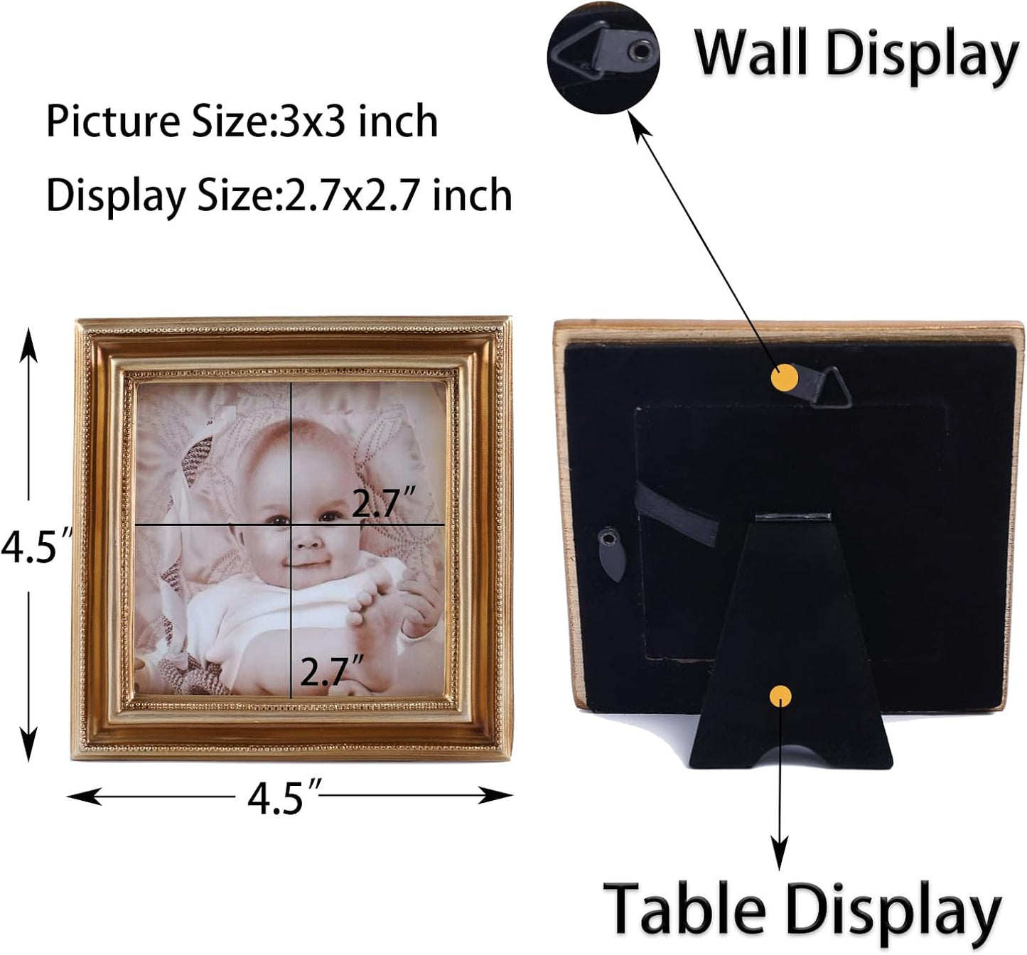 Picture Frame Small Wallet Size Beaded Vintage Picture Frame Tabletop / Bronze Gold / 3 x 3 / Square