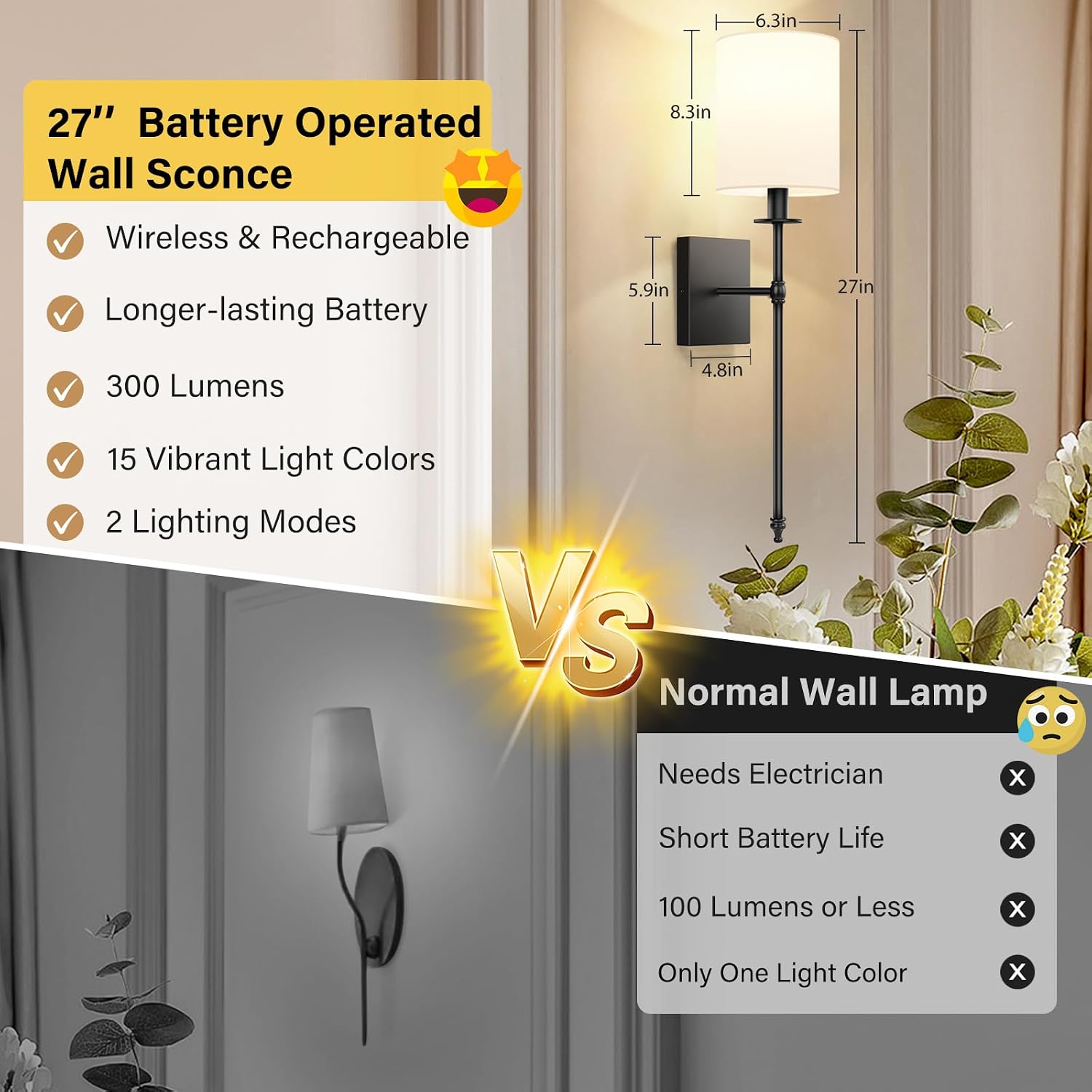 27 Inch Black Battery Operated Wall Sconces Set of 2, Rechargeable Wireless Wall Lights with Remote & White Fabric