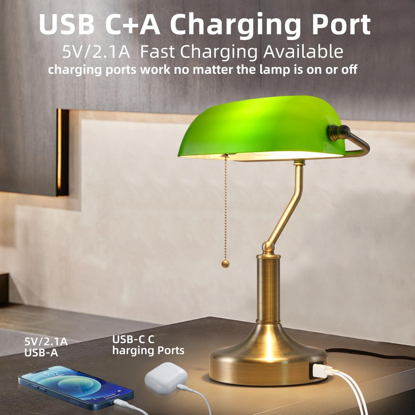 Banker Desk Lamp Green Glass, Antique Desk Lamps with Brass Base, Traditional Library Table Lamp with USB A and Type C