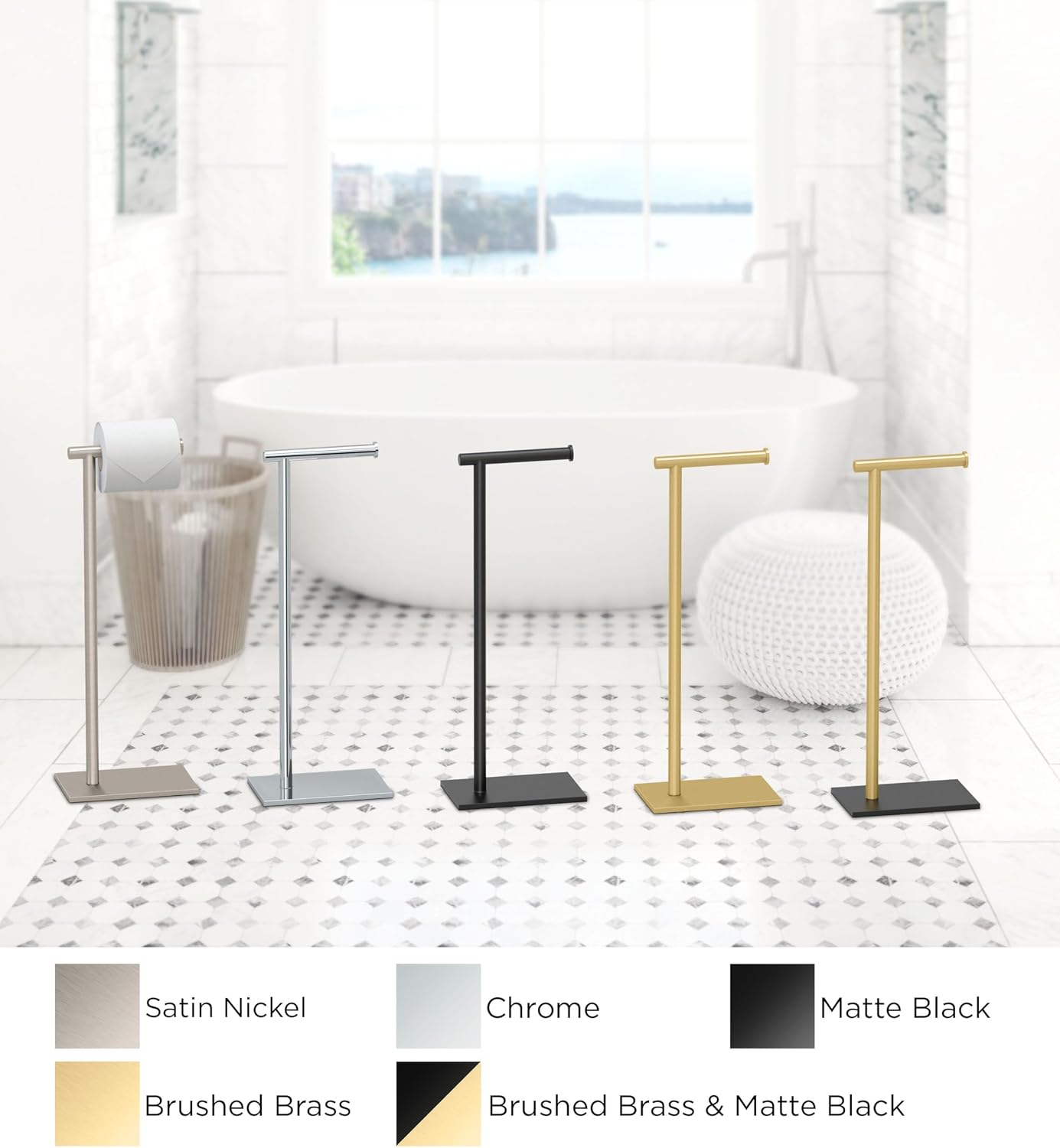 Gatco 1431SN Bathroom Toilet Paper Holder Stand, Freestanding Tissue Roll Holder, Weighted Base, Satin Nickel, 22.25