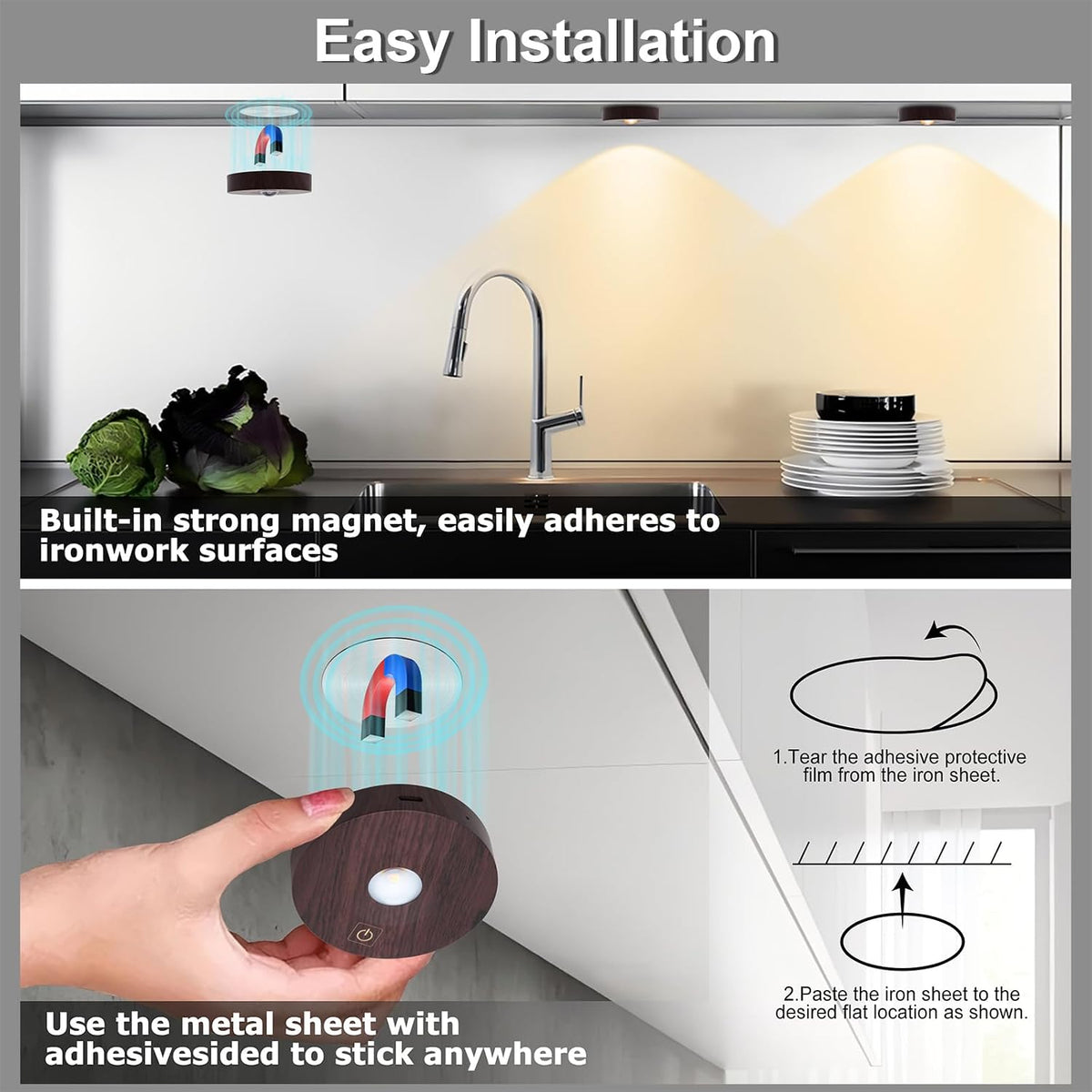 Rechargeable Puck Lights, 3 Color Temp & Dimmable Under Cabinet Lighting wireless, Magnetic Battery Operated Under