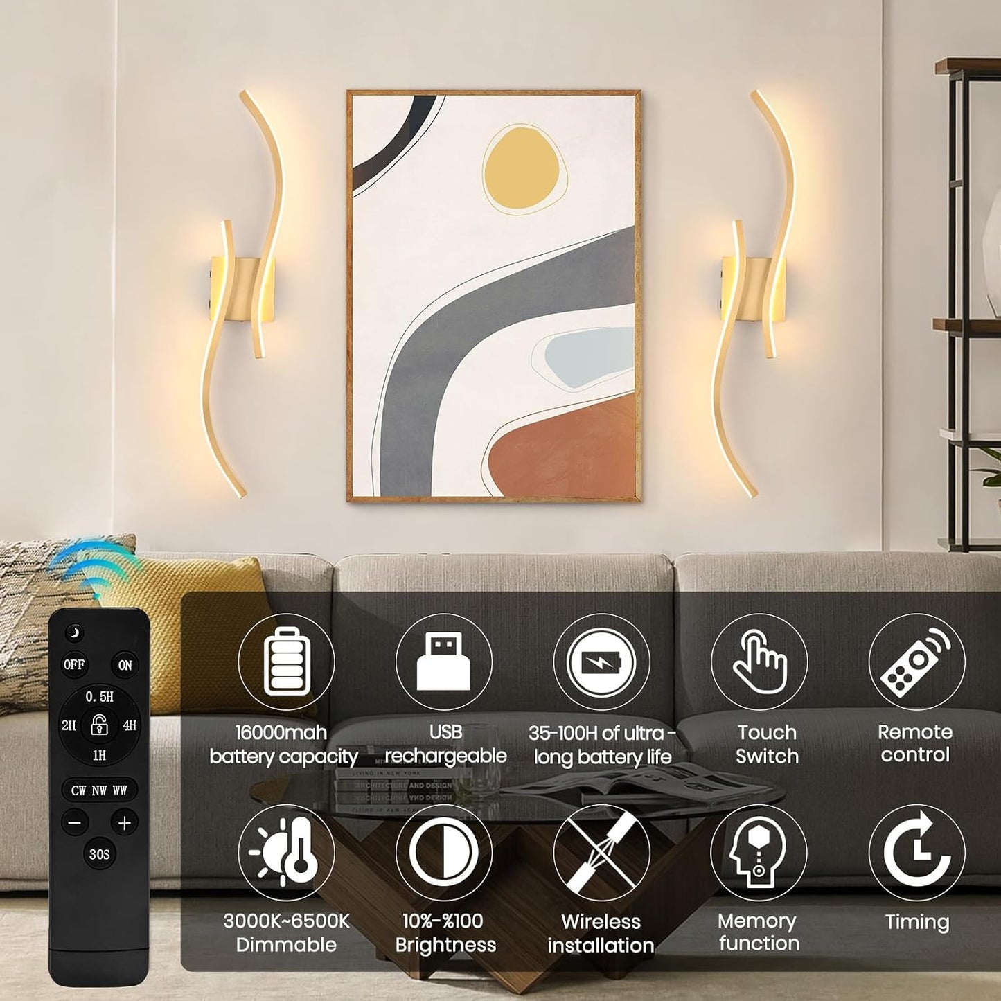 CANEOE Battery Operated Wall Sconces with Remote Control, Rechargeable Dimmable Touch Wall Sconces Set of Two