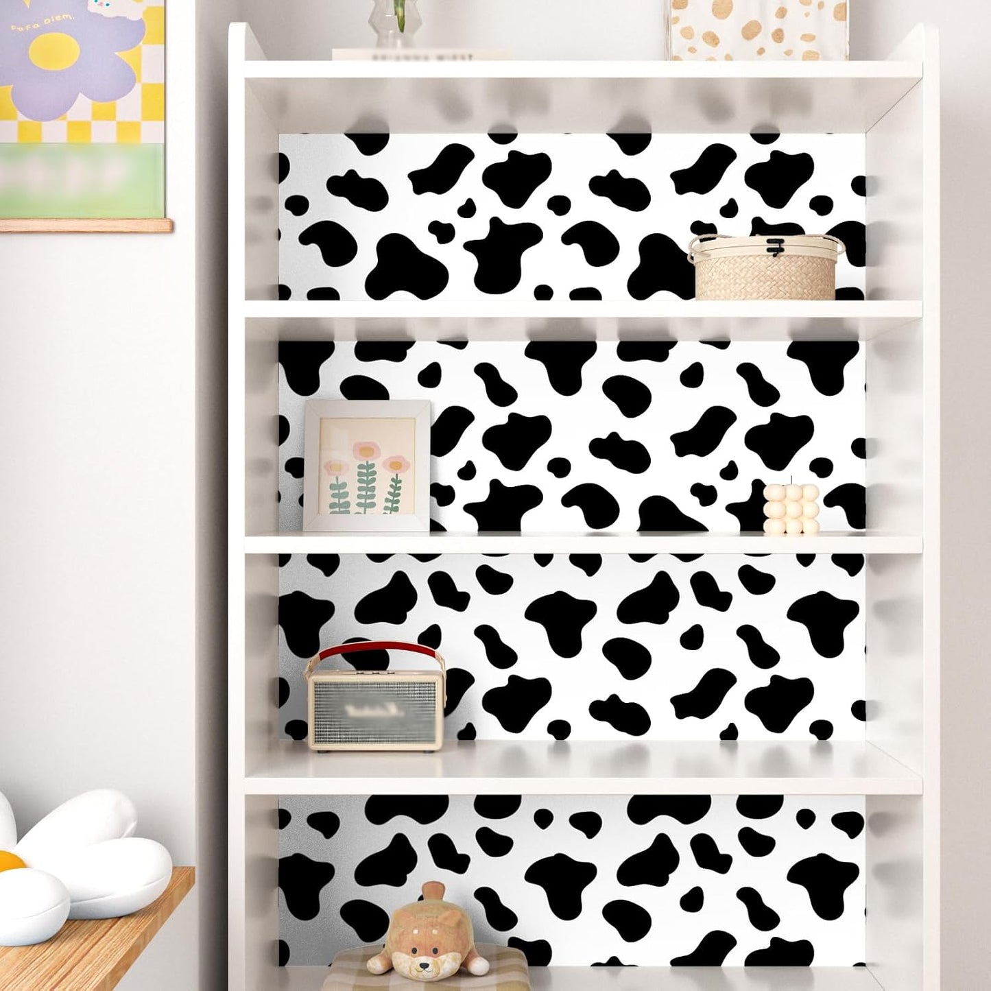 Cow Printed Peel and Stick Wallpaper and White Contact Paper / Vinyl / 17.5 x 102 / Black