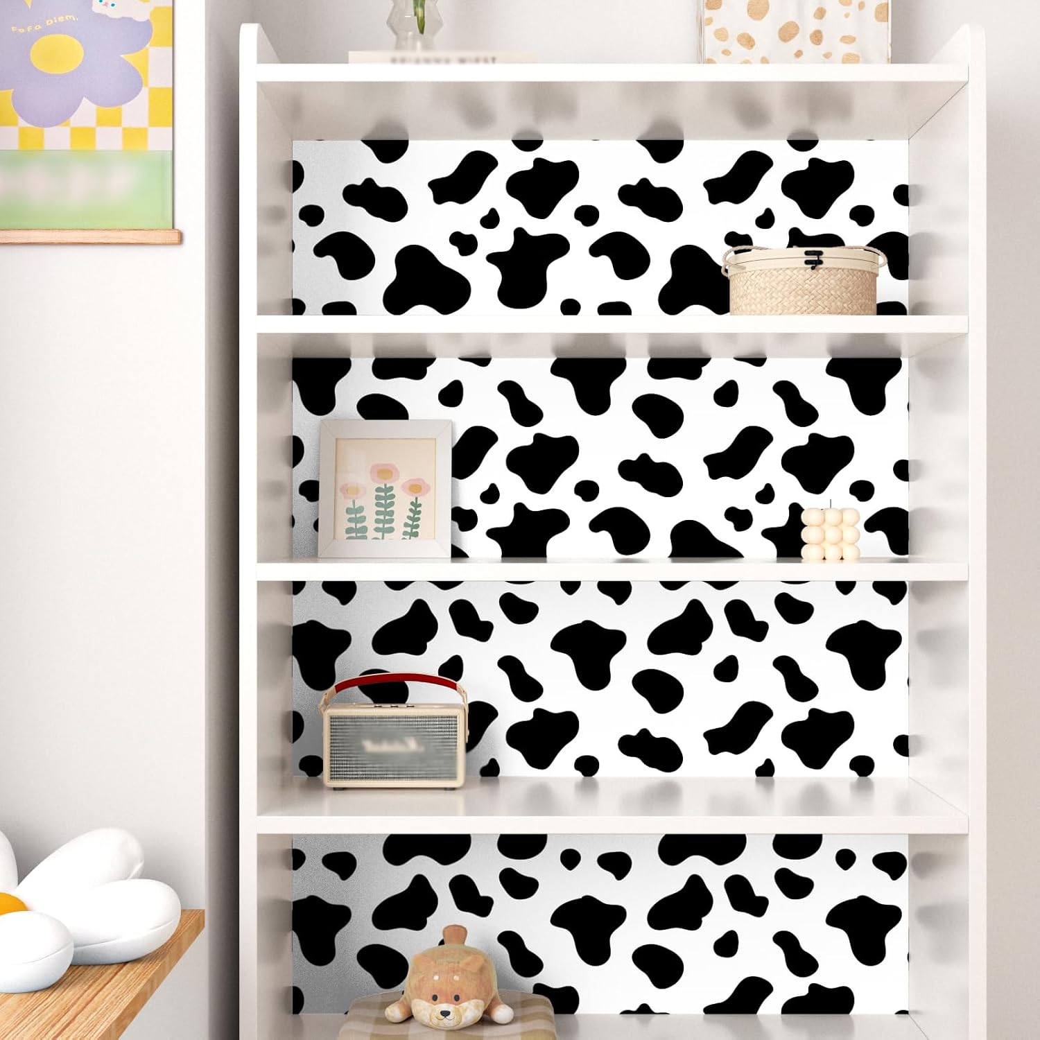 Cow Printed Peel and Stick Wallpaper and White Contact Paper / Vinyl / 17.5 x 102 / Black