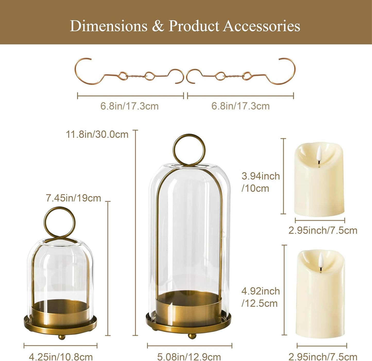 5"&4" Metal Candle Holder with Handmade Glass Dome in Brass & 2 Timer Candles, Set of 2 Versatile Hurricane Glass