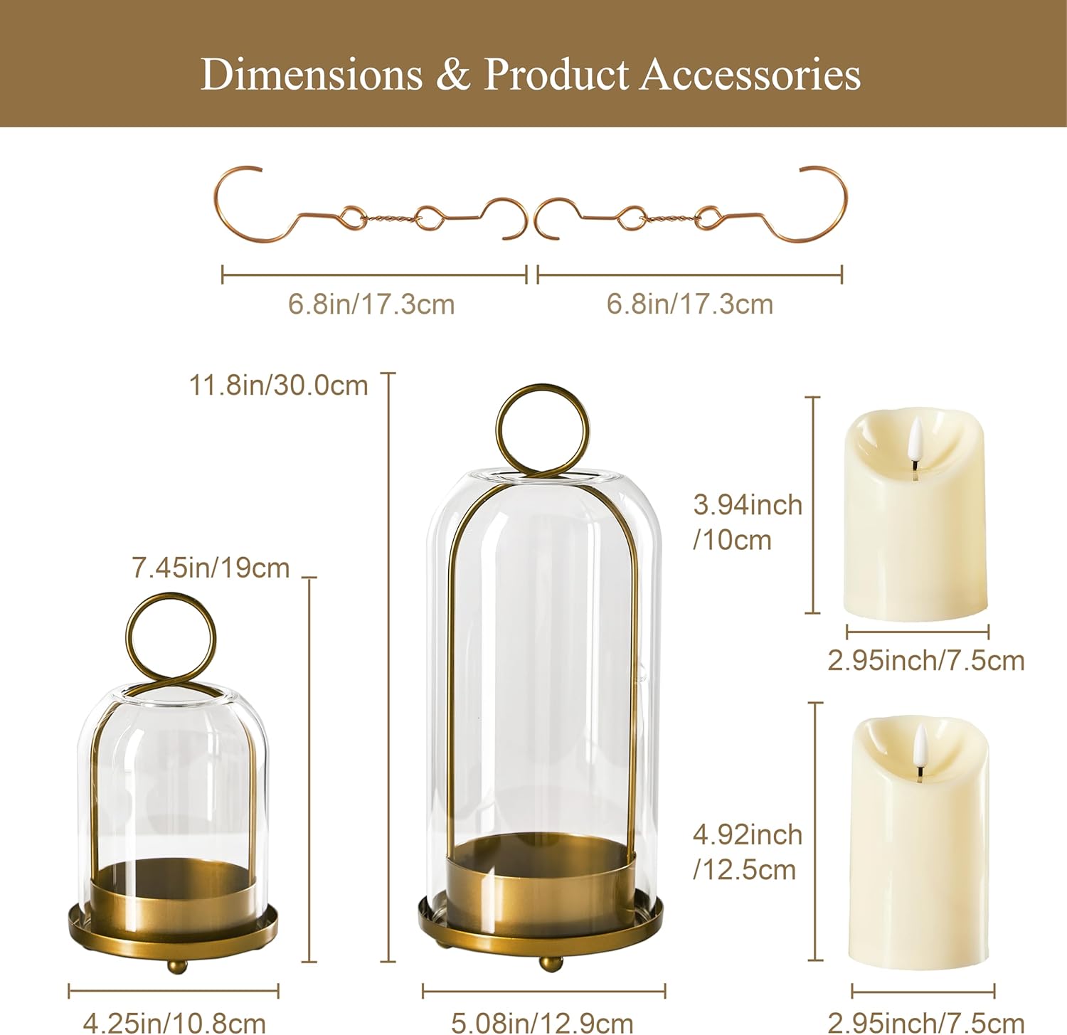 5"&4" Metal Candle Holder with Handmade Glass Dome in Brass & 2 Timer Candles, Set of 2 Versatile Hurricane Glass