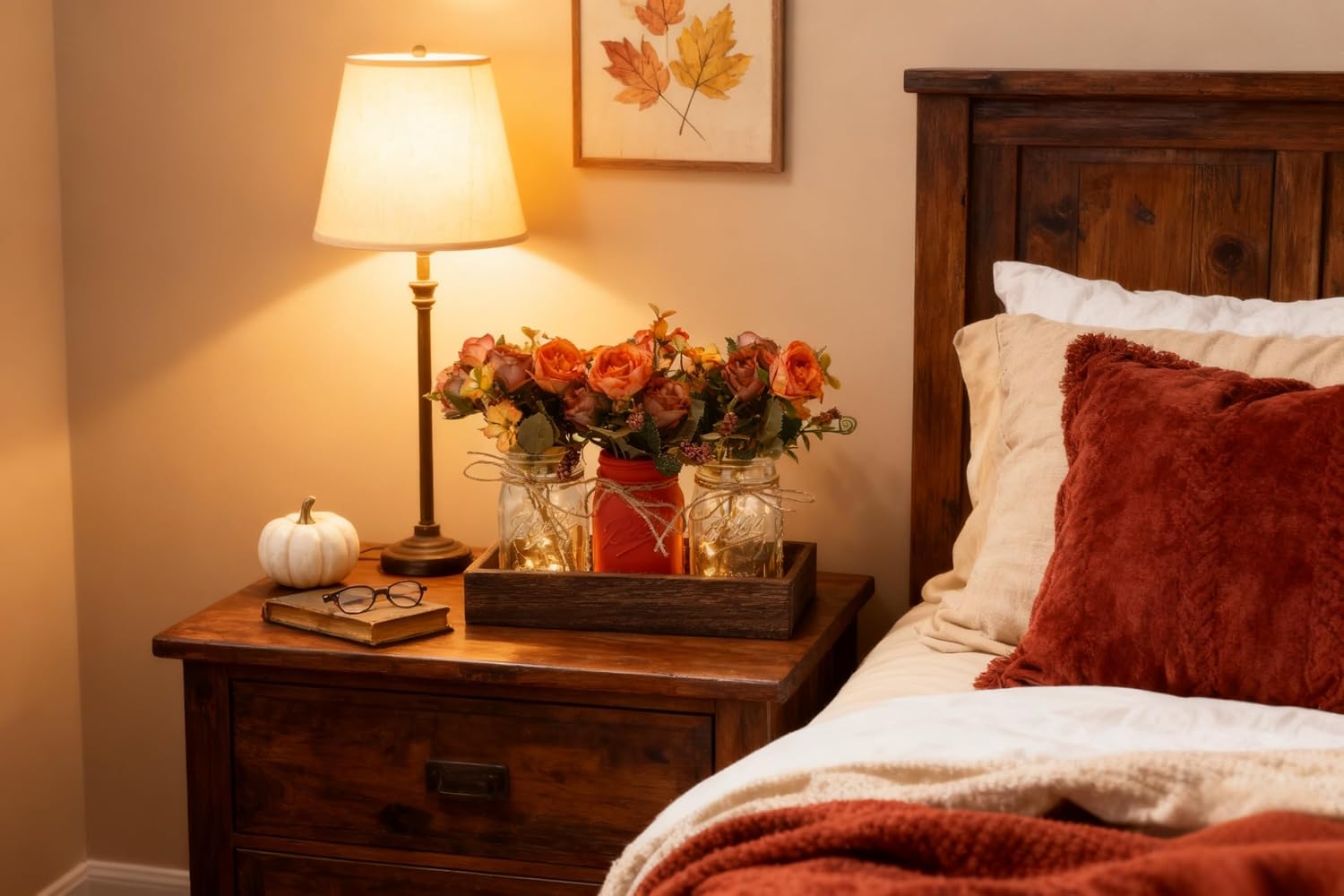 Wood Tray & 3 Artificial Flowers