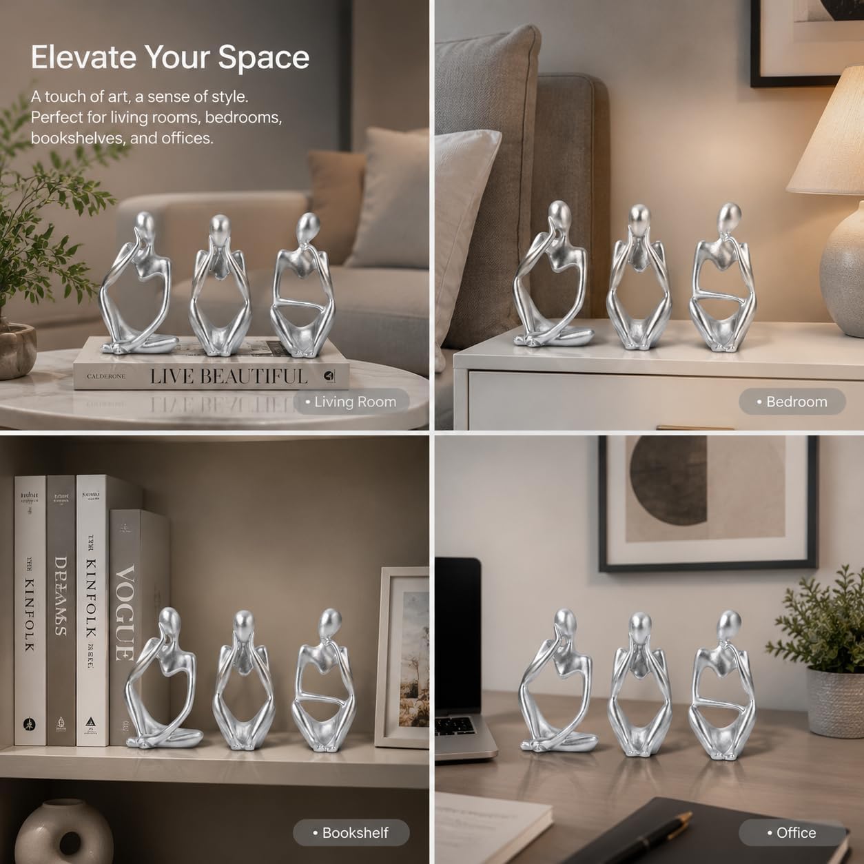 Thinker Abstract Ornamental Figurines Statues Decoration / Silver / Set of 3