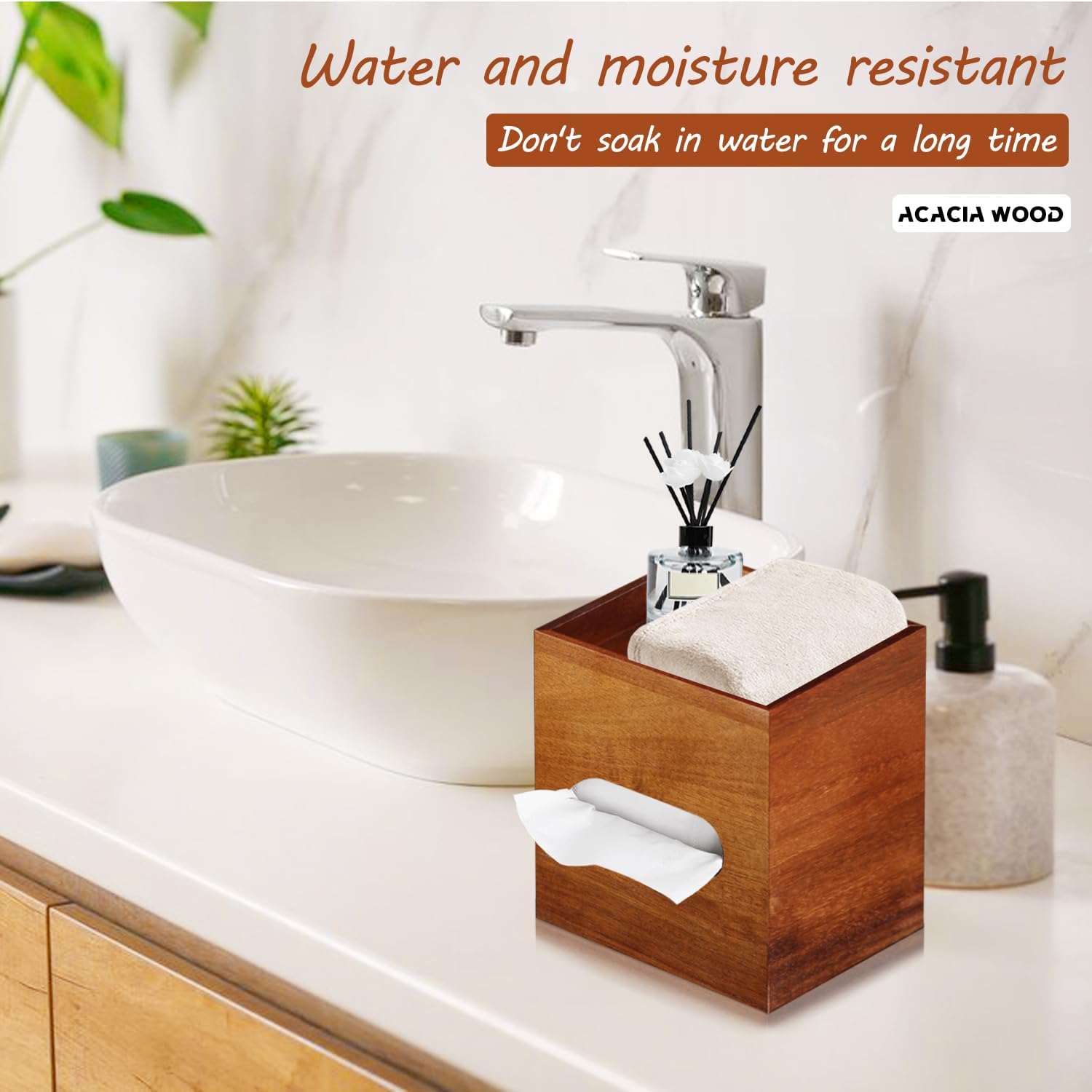 Acacia Wood Tissue Box Holder for Desktop Nightstand Bathroom / Brown