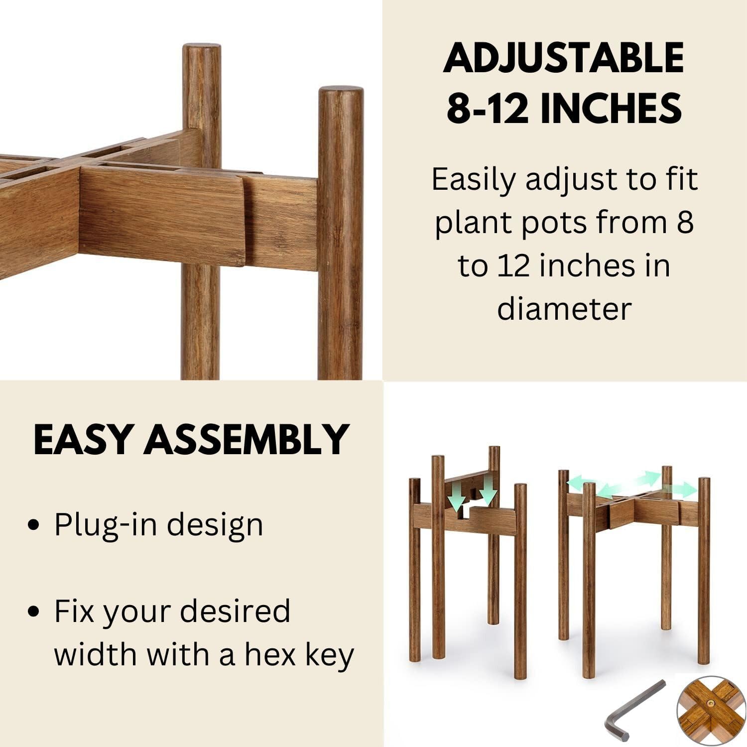 Fox & Fern Large Adjustable Plant Stand Indoor, Bamboo Stand, 8 - 12 Inch | Plug In Design, Holds 200 lbs, Two Heights