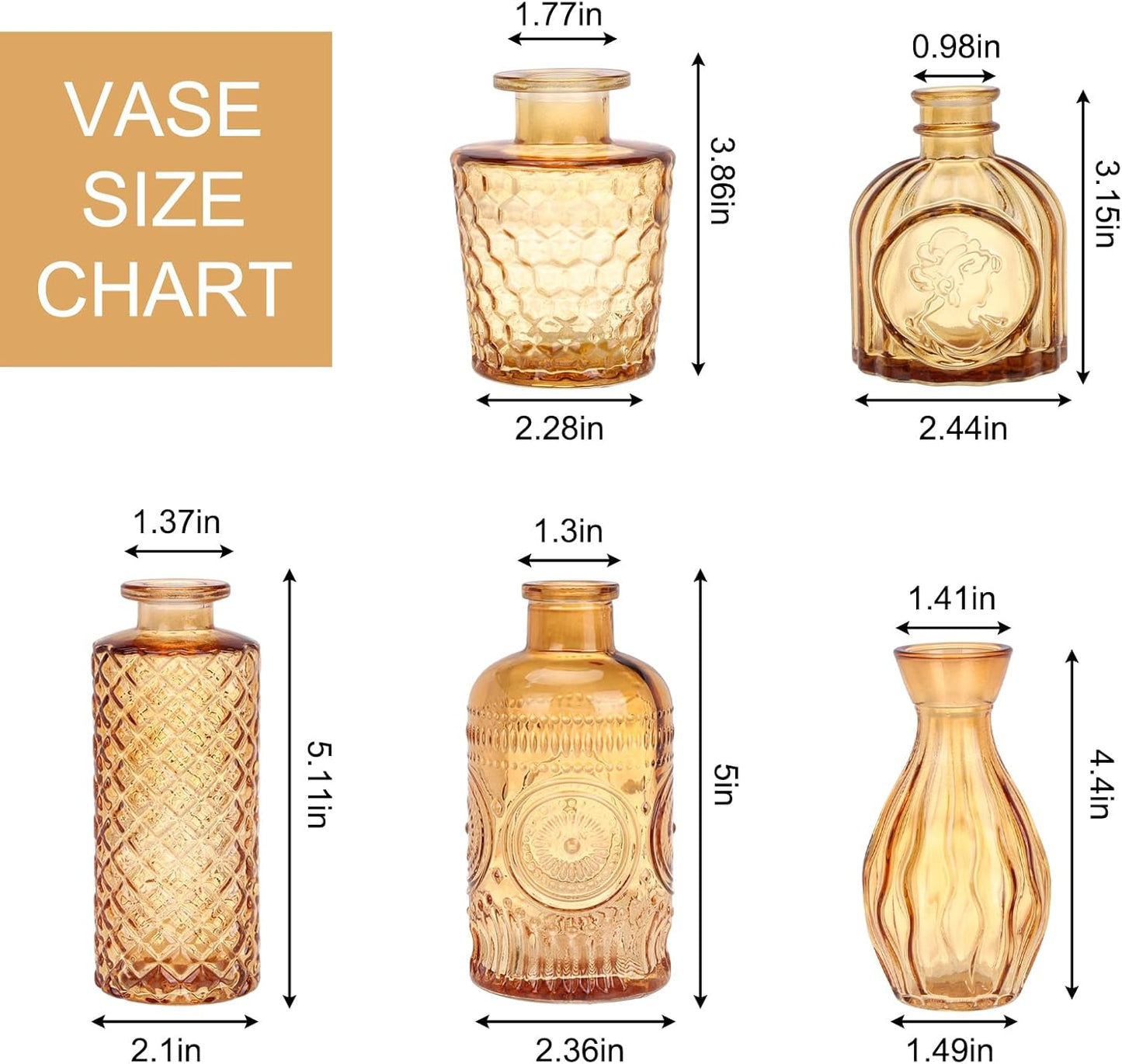 Glass Bud Vase Set / Amber / Gold / Set of 5