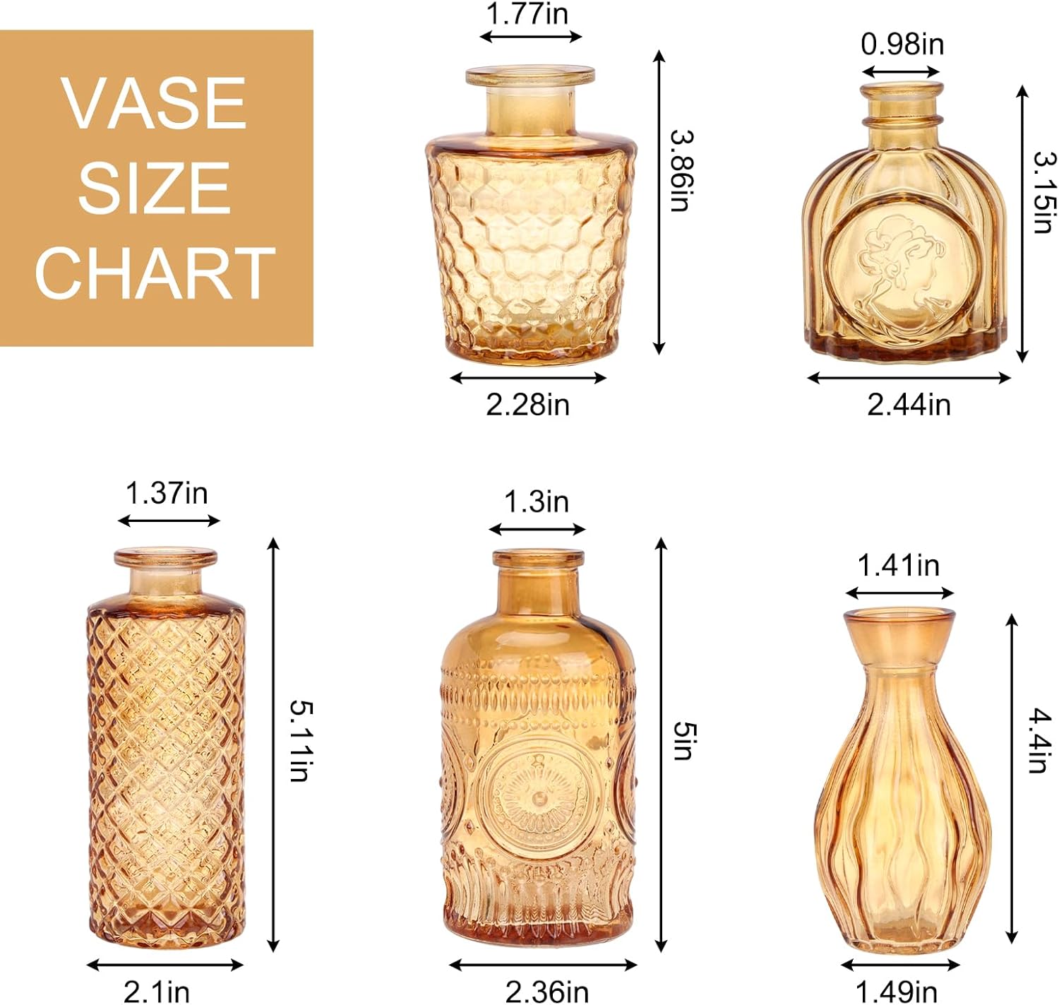 Glass Bud Vase Set / Amber / Gold / Set of 5