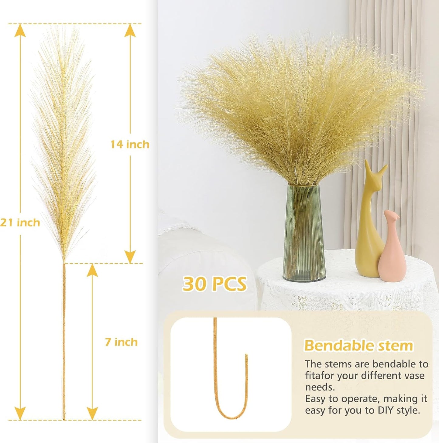 Gold Pampas Grass Decor Faux Pampas Grass Bulk Artificial Dried / Gold Style / 21.7 Inch / Set of 30