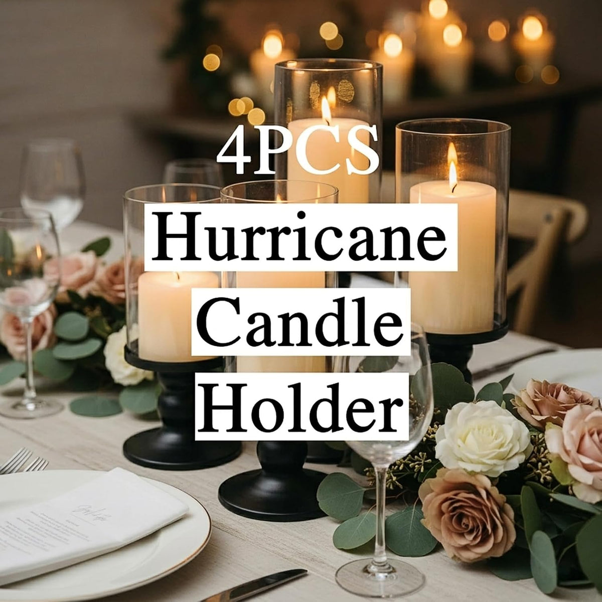 NITIME 4Pcs Hurricane Candle Holder for Pillar Candles, Black Candle Holders with Clear Glass Sleeve for Table