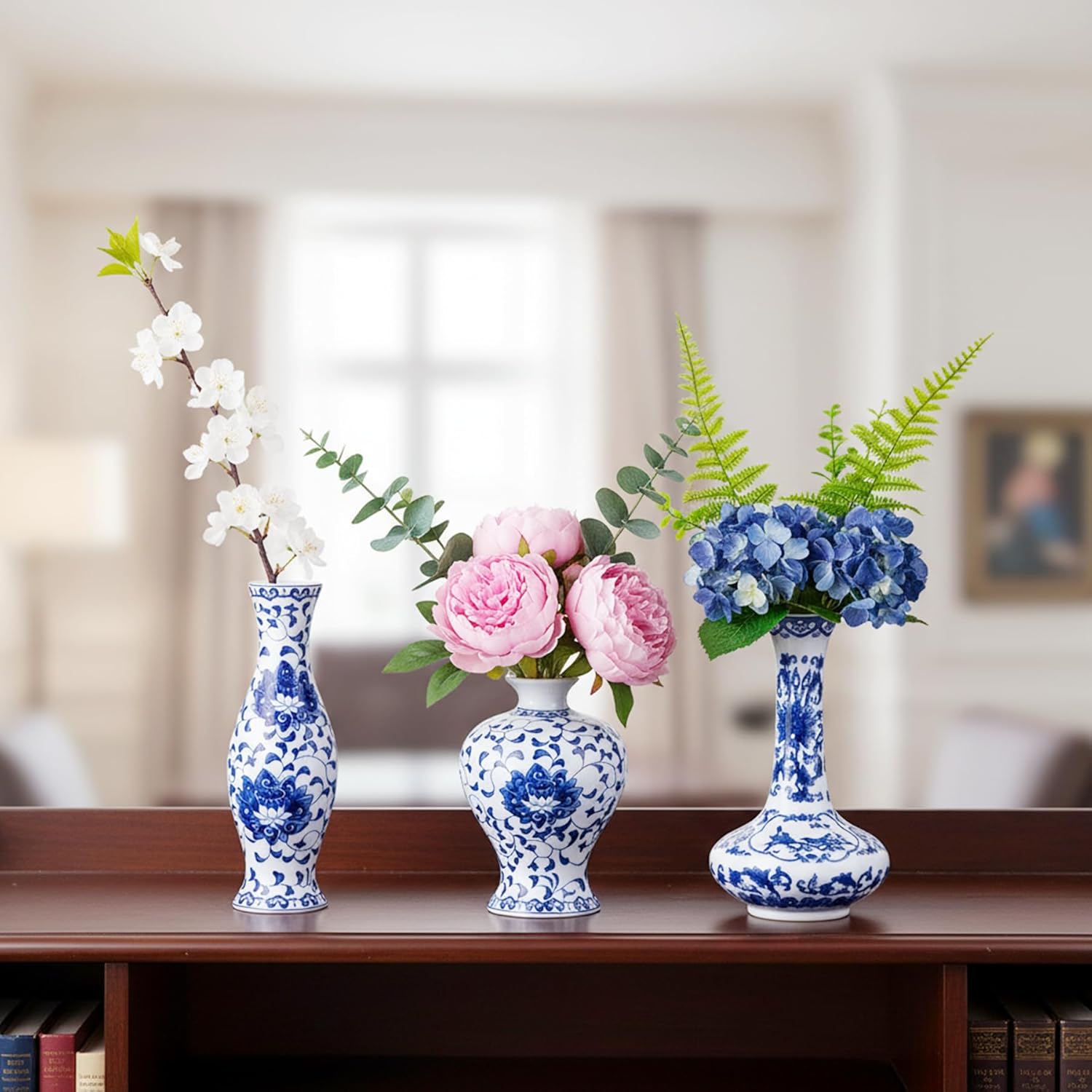 Ceramic Flower Vases / Blue & White Porcelain Set / Set of 3