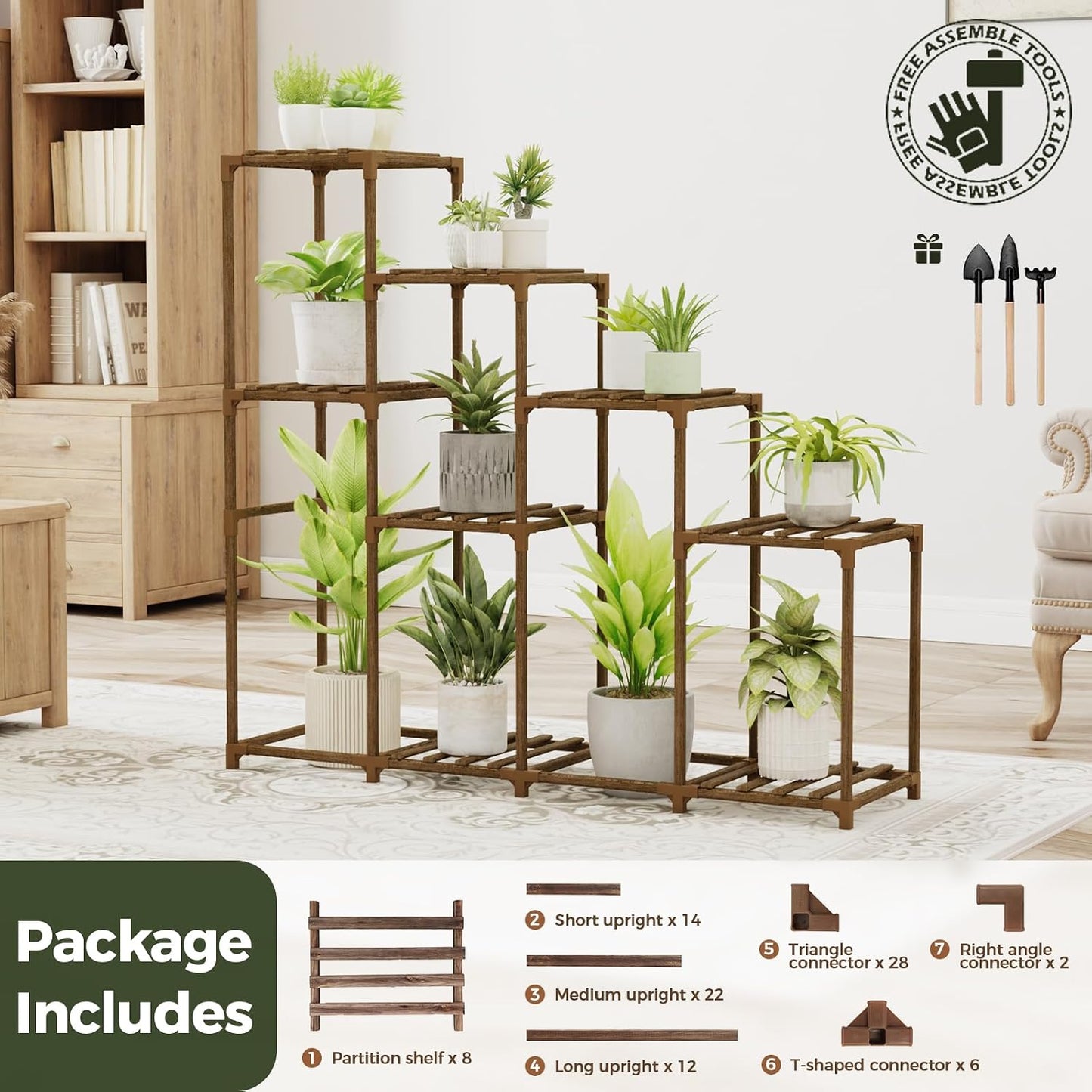 Bamworld Tall Plant Stand Indoor Wood Plant Shelf Outdoor Tiered Plant Rack | for Multiple Plants 4 Tiers 10 Pots