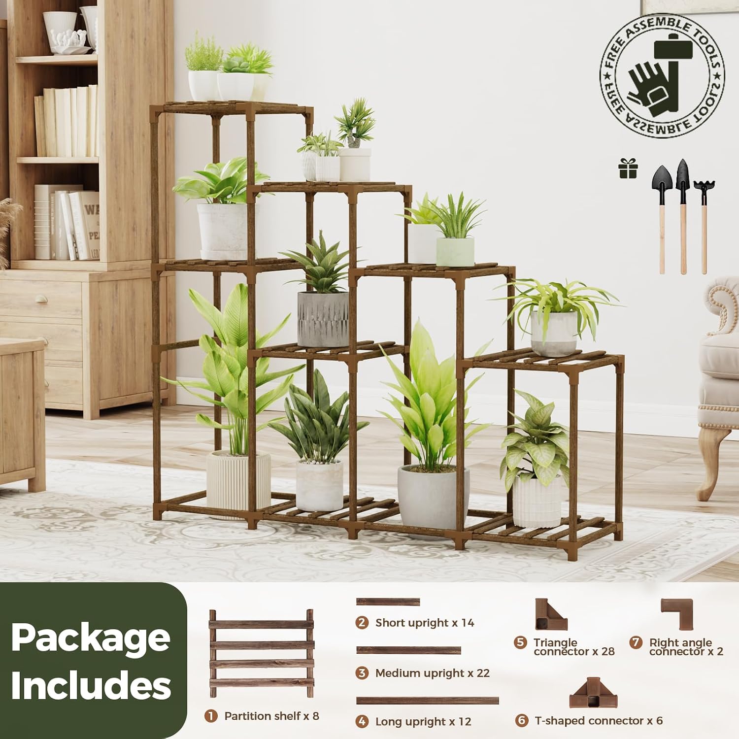 Bamworld Tall Plant Stand Indoor Wood Plant Shelf Outdoor Tiered Plant Rack | for Multiple Plants 4 Tiers 10 Pots
