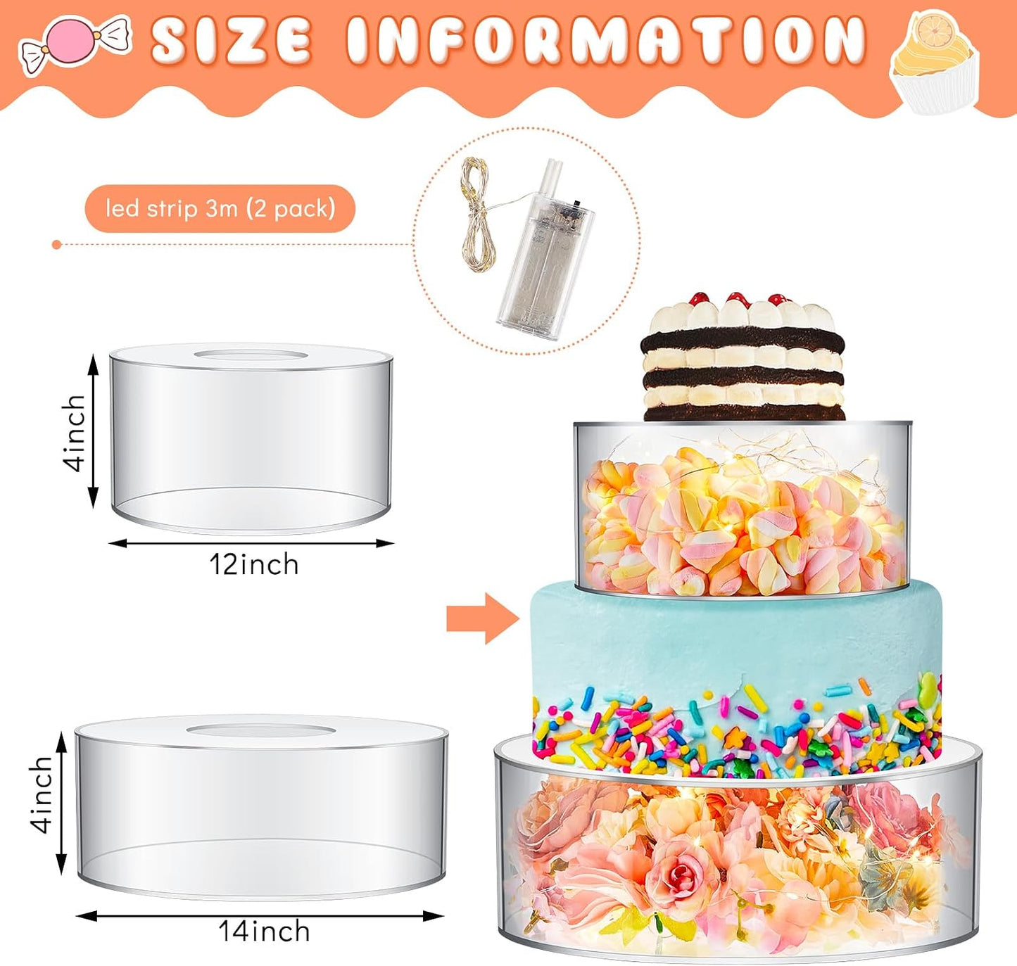 Sunnyray 2 Pcs Acrylic Cake Stands for Dessert Table Clear Fillable Cake Riser Cupcake Tier with LED Strings for