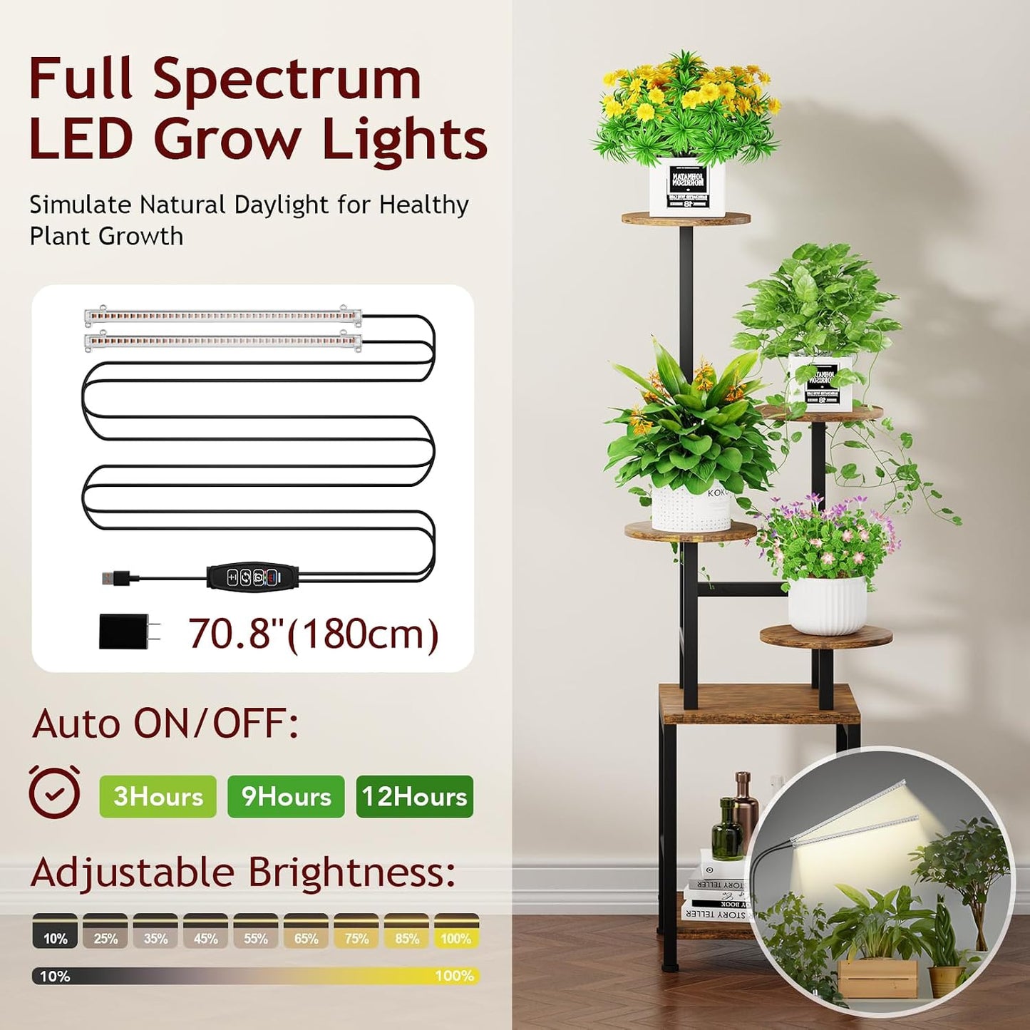 Round Plant Stand Indoor with Grow Light, 5-Tiered Tall Plant Stand Indoor, Metal Plant Shelf with Adjustable Light