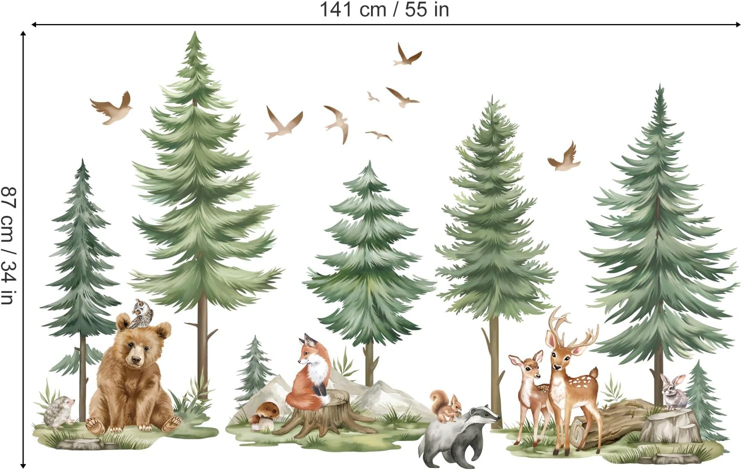 Mountain Tree Wall Stickers Large Pine Tree Forest Animals Bear Deer Peel and Stick Wall Art Decals