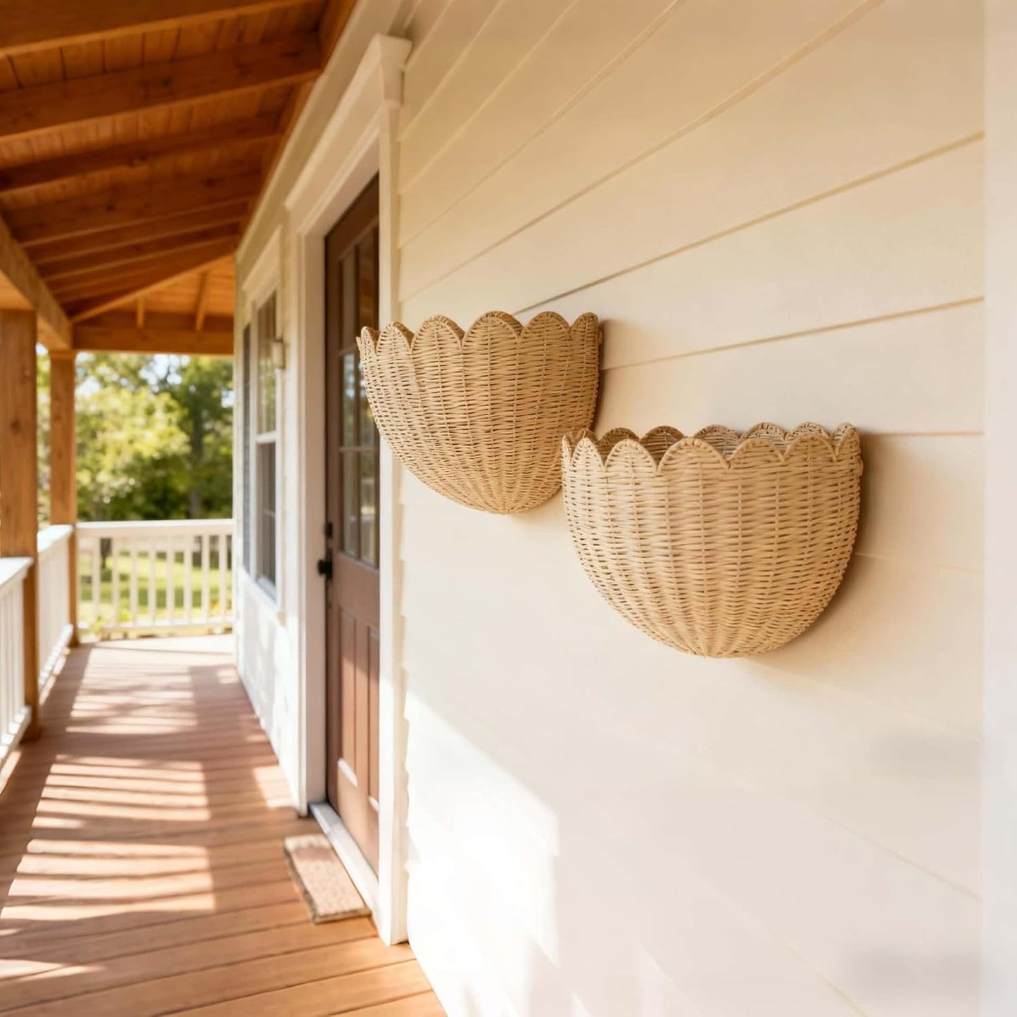 Hand Woven Hanging Wicker Wall Baskets Set / 16 x 10 x 7