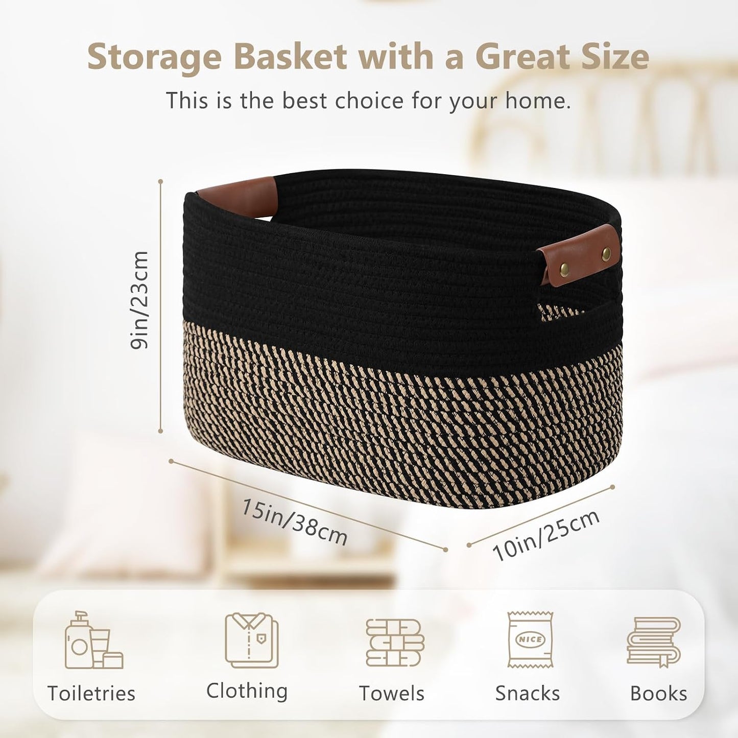 Woven Basket / Storage Baskets / Black/brown / 15 x 10 x 9 / Set of 2