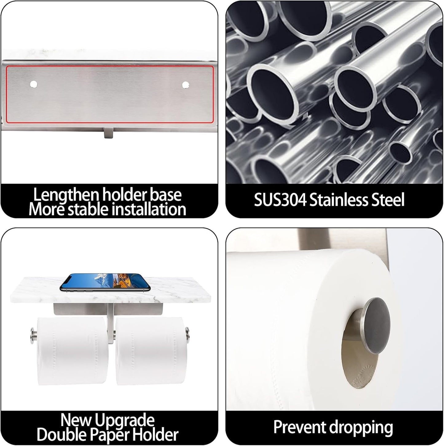 Toilet Paper Holder with Natural Marble Shelf for Bathroom Washroom,Wall Mounted Tissue Holder Suitable for Mega Roll