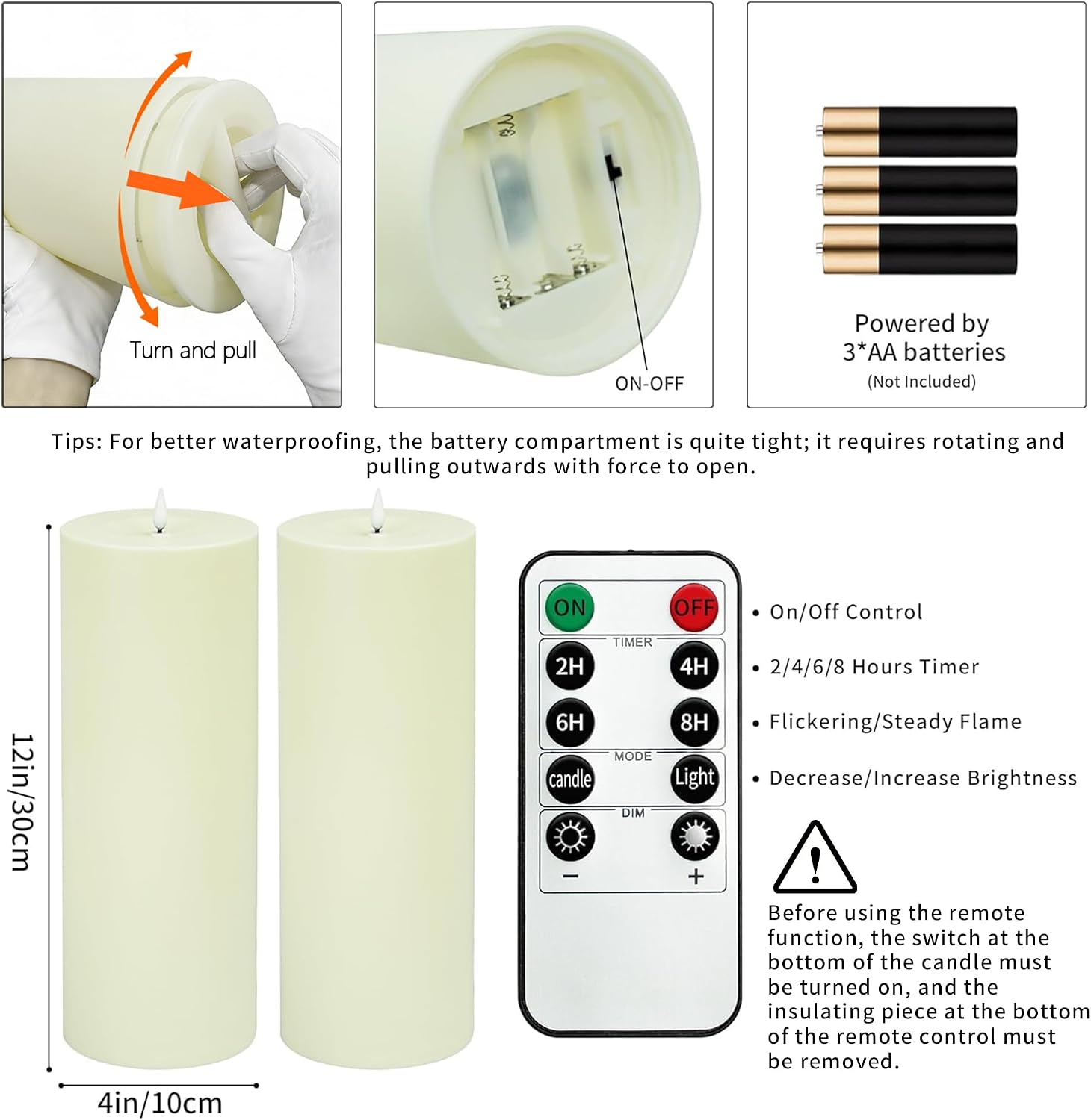 12" x 4" Large Outdoor Candle with Remote Timer Waterproof Ivory 2 Pack | Battery Operated Flameless Pillar Candle