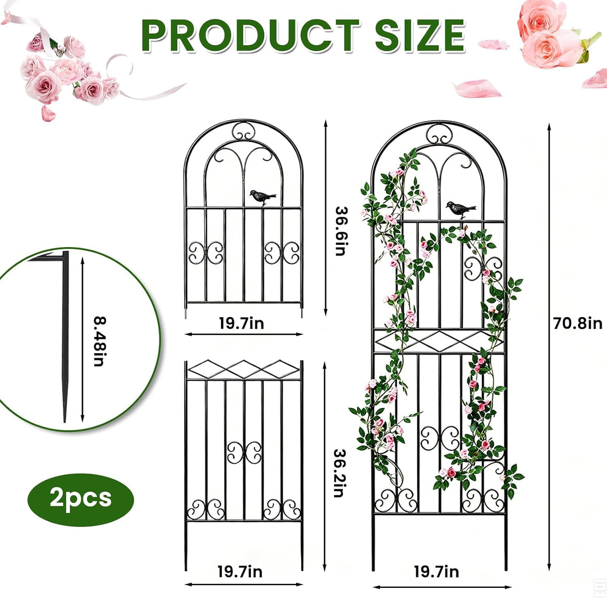 2 Pack 70.8"x19.7" Metal Gardon Trellis for Climbing Plants Outdoor, | Rustproof, Heavy Duty, Black Coating Gardon