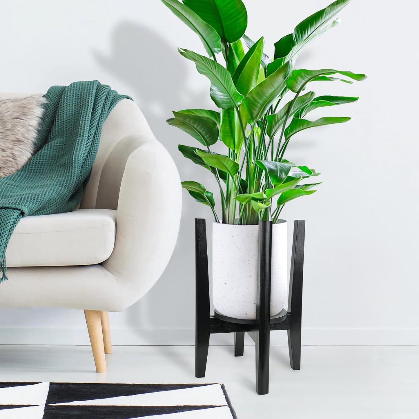 Adjustable Plant Stand with Tray,Indoor Wood Plant Stand Fit 8'' to 12'' Planter,Mid Century Modern Flower Pot Holder