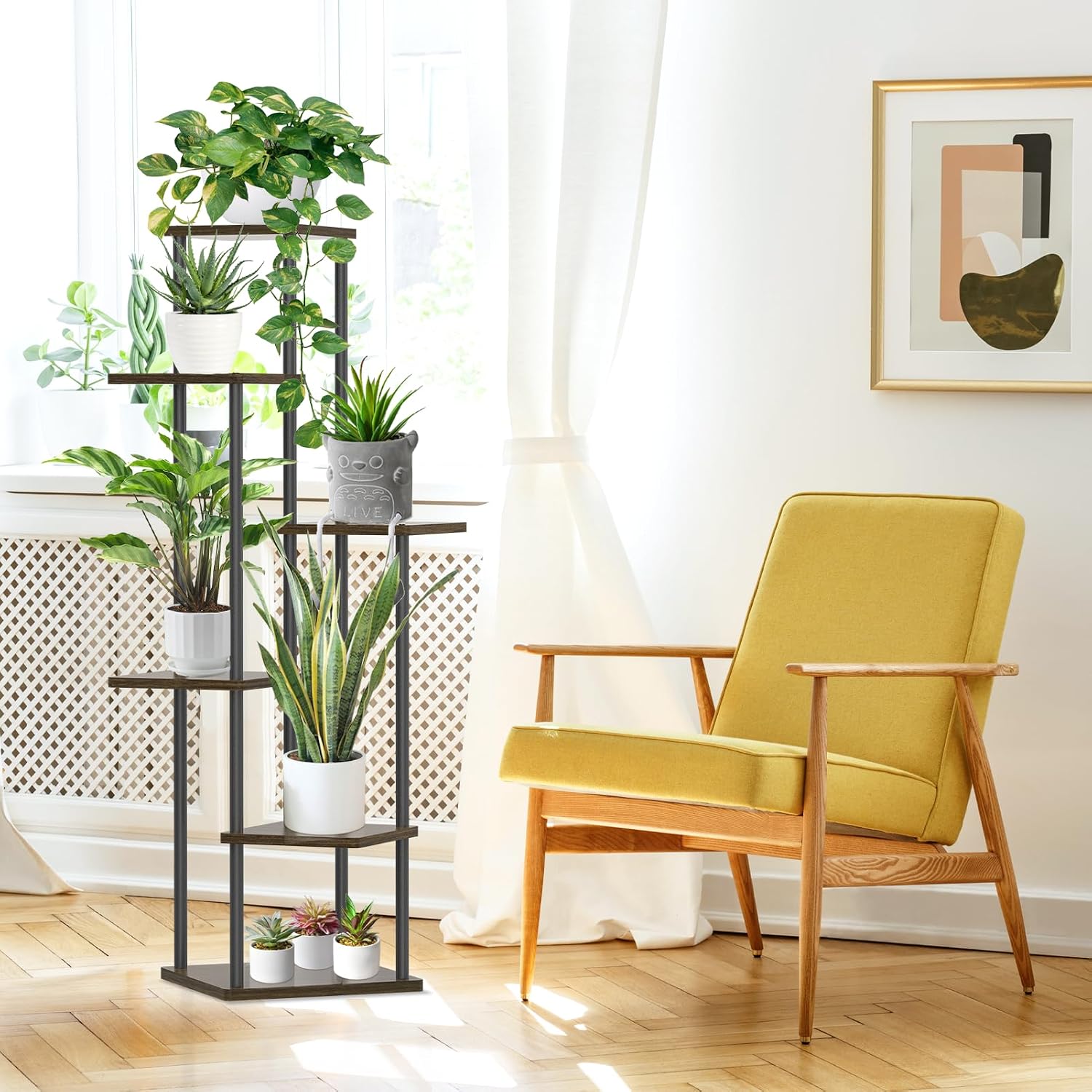 Oppro Plant Stand Indoor Outdoor, 6 Tier Corner Tall Metal Wood Shelf | Muti-Level Planter Holder, Sturdy Large