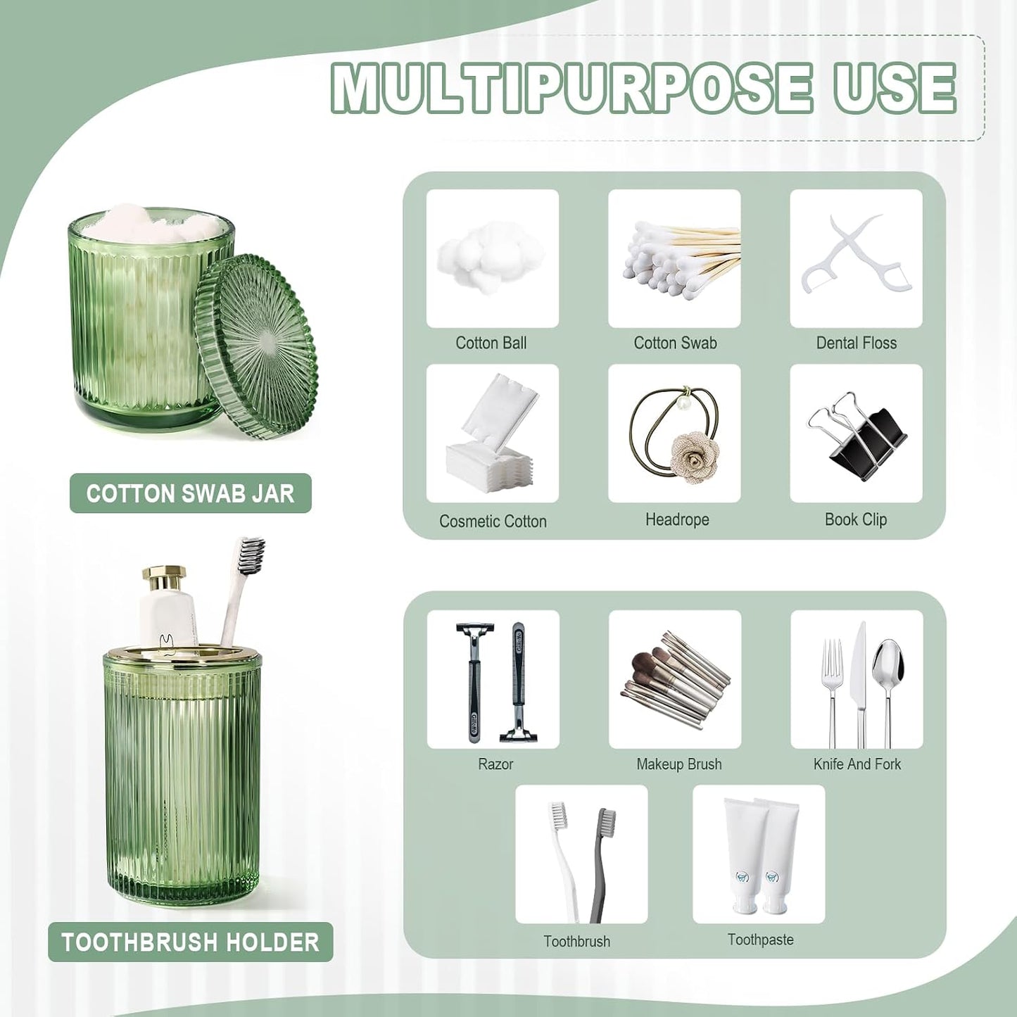 Green Glass Bathroom Accessories 4 Pcs, Green Bathroom Set, Soap Dispenser and Toothbrush Holder Set, Qtip Holder Set