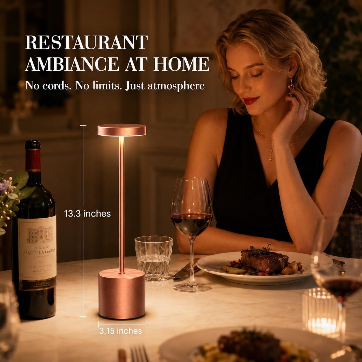 Rose Gold Cordless Table Lamps Set of 2, Battery Operated Rechargeable LED Lamps with Touch Control, 3 Color