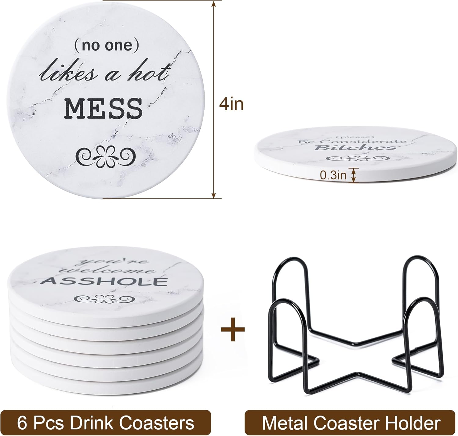 Holder / Marble Style Ceramic Drink Coaster / Style 10 / Set of 6
