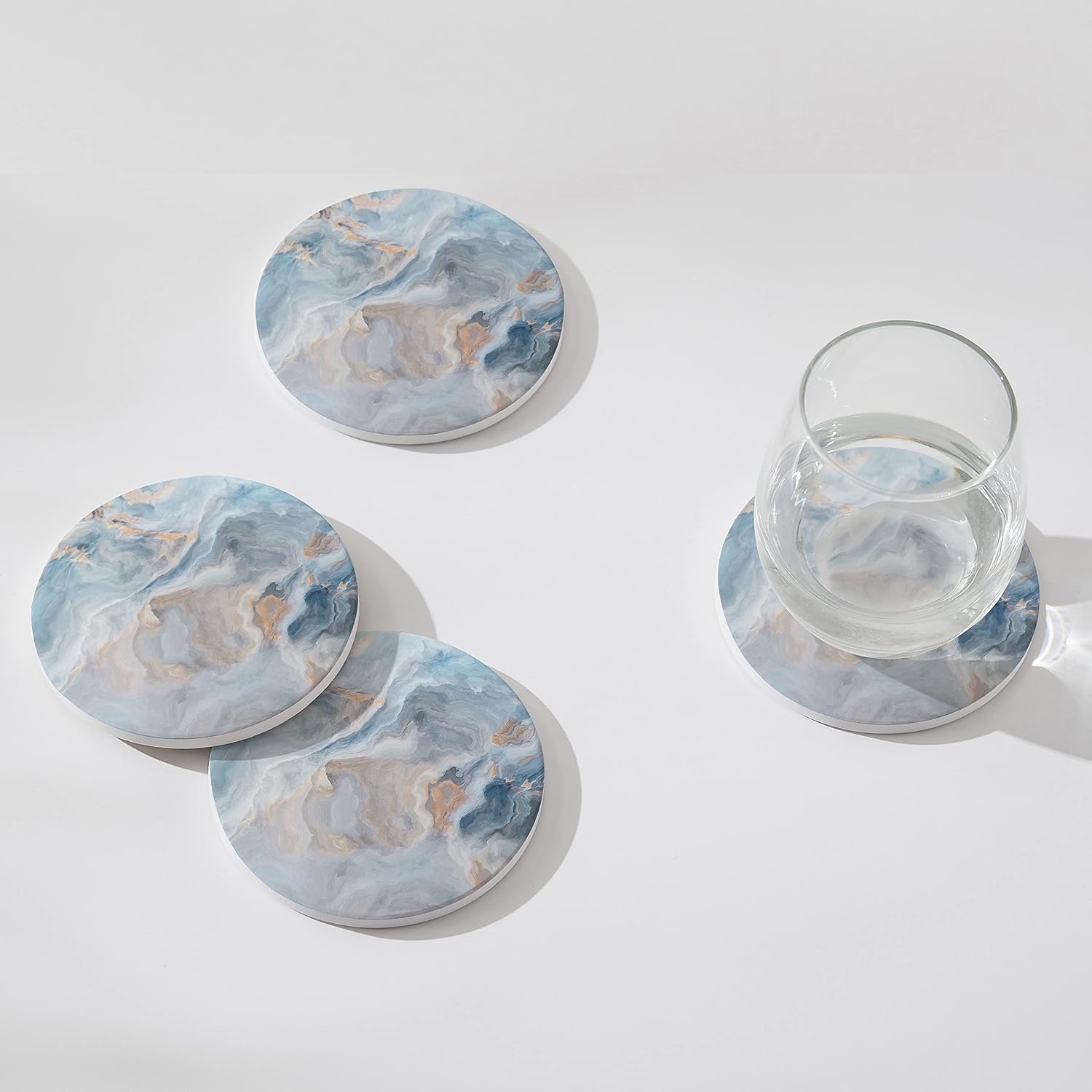 Holder / Absorbent Ceramic Coasters for Drinks / Abstract Blue Marble / Set of 6