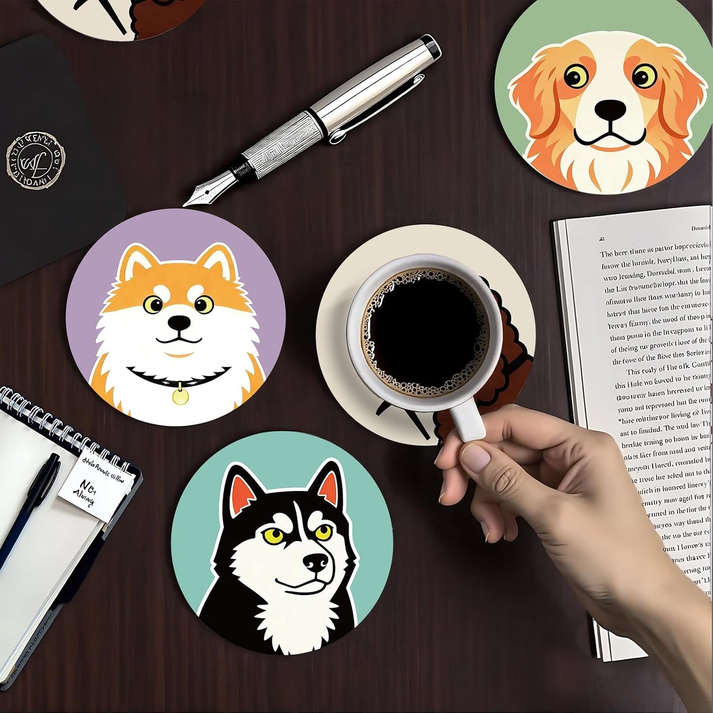Funny Absorbent Round Ceramic Stone Coasters / Cute Dogs / Blue / Set of 4