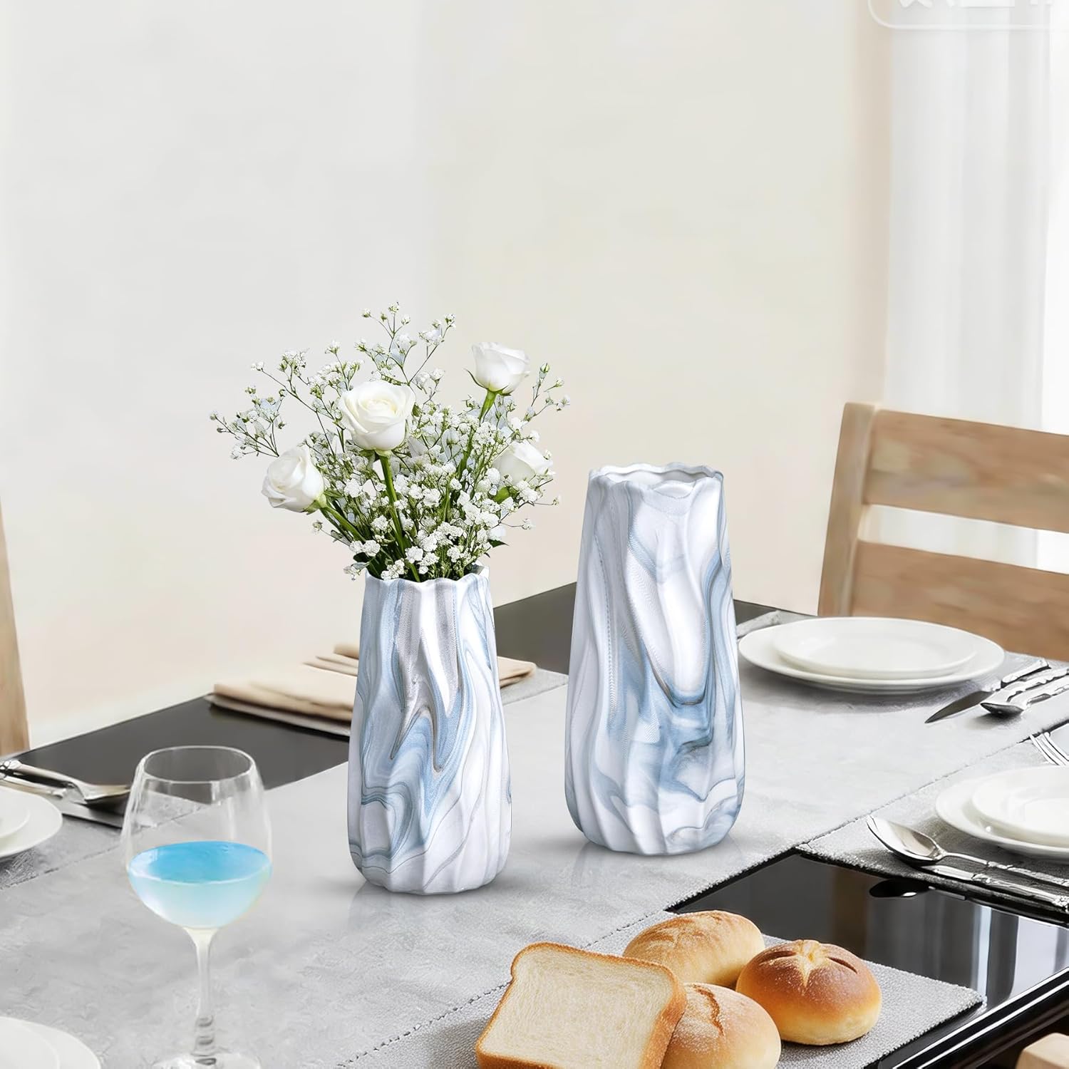 Ceramic Vase / Blue and White Wave Vases / Blue Marble / Set of 2