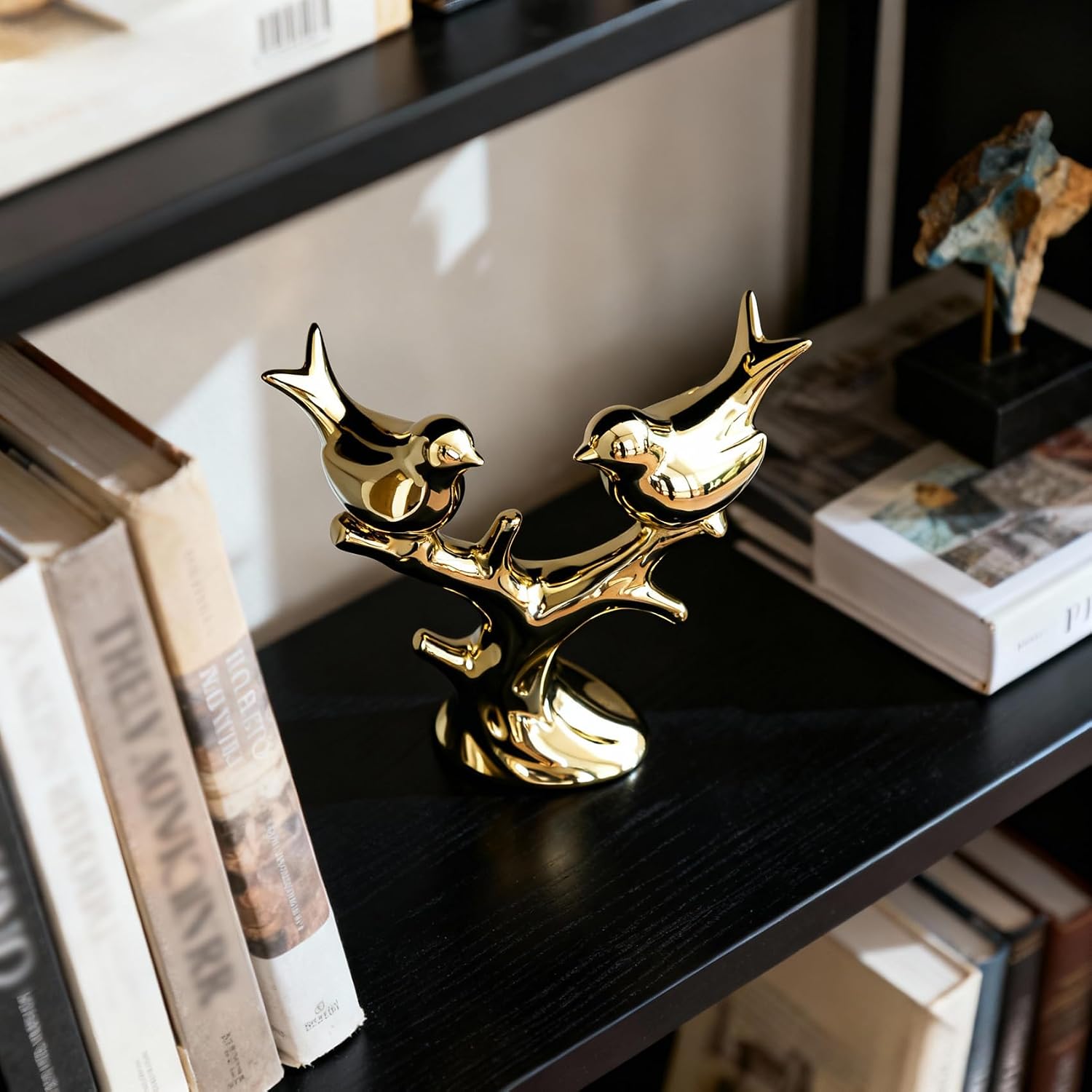 Gold Ceramic Bird Statue / Electroplated Gold