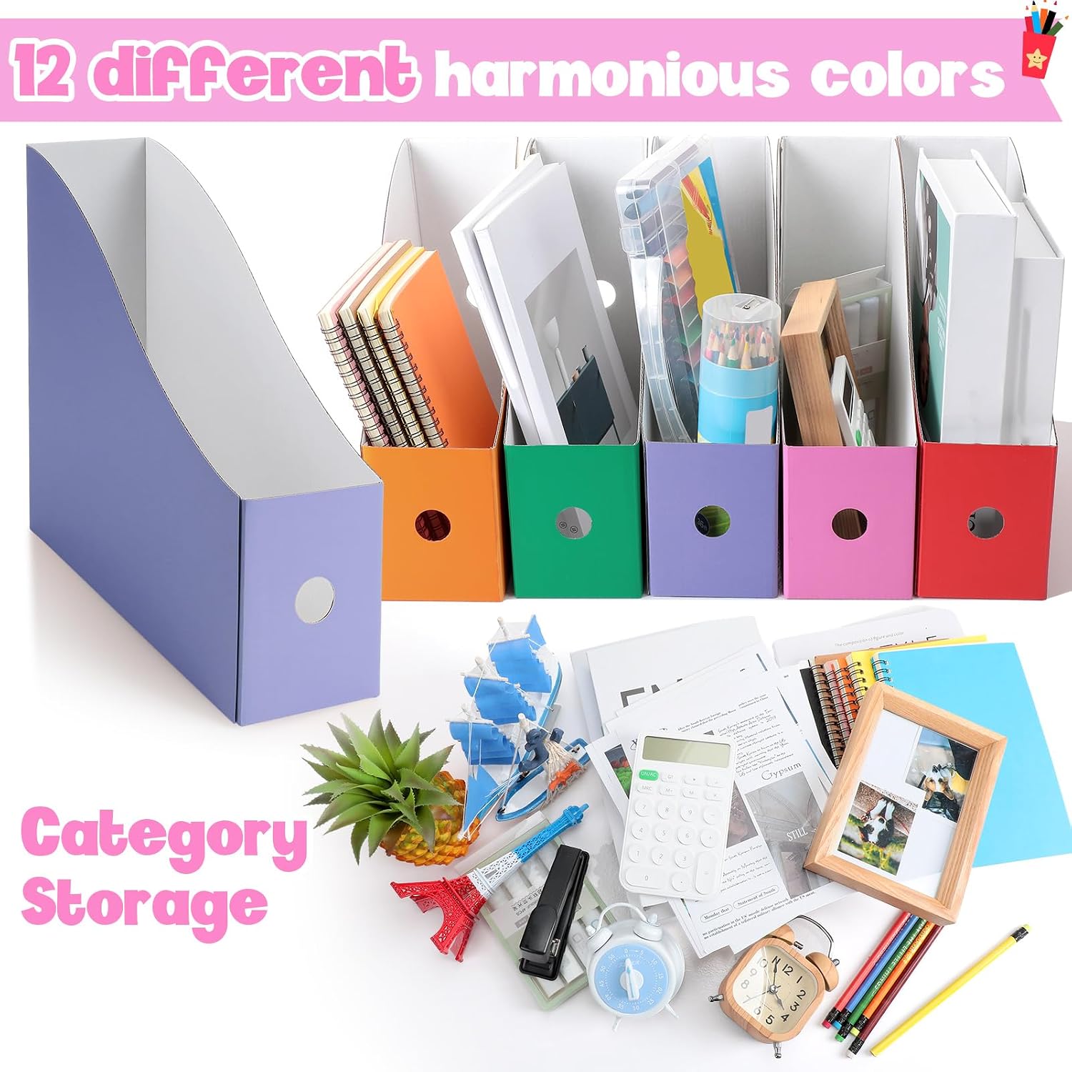 Colarr 12 Pack Cardboard Magazine File Holders Book Bins,Elegant Color | Heavy Duty Magazine Storage Box with Labels