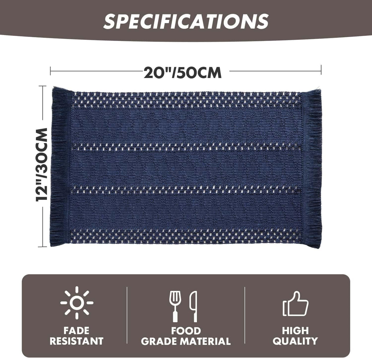 Macrame Style Boho Placemats Set of 6, Navy Blue 12x20 Inch | Decorative Farmhouse Table Mats, Natural Cotton Woven