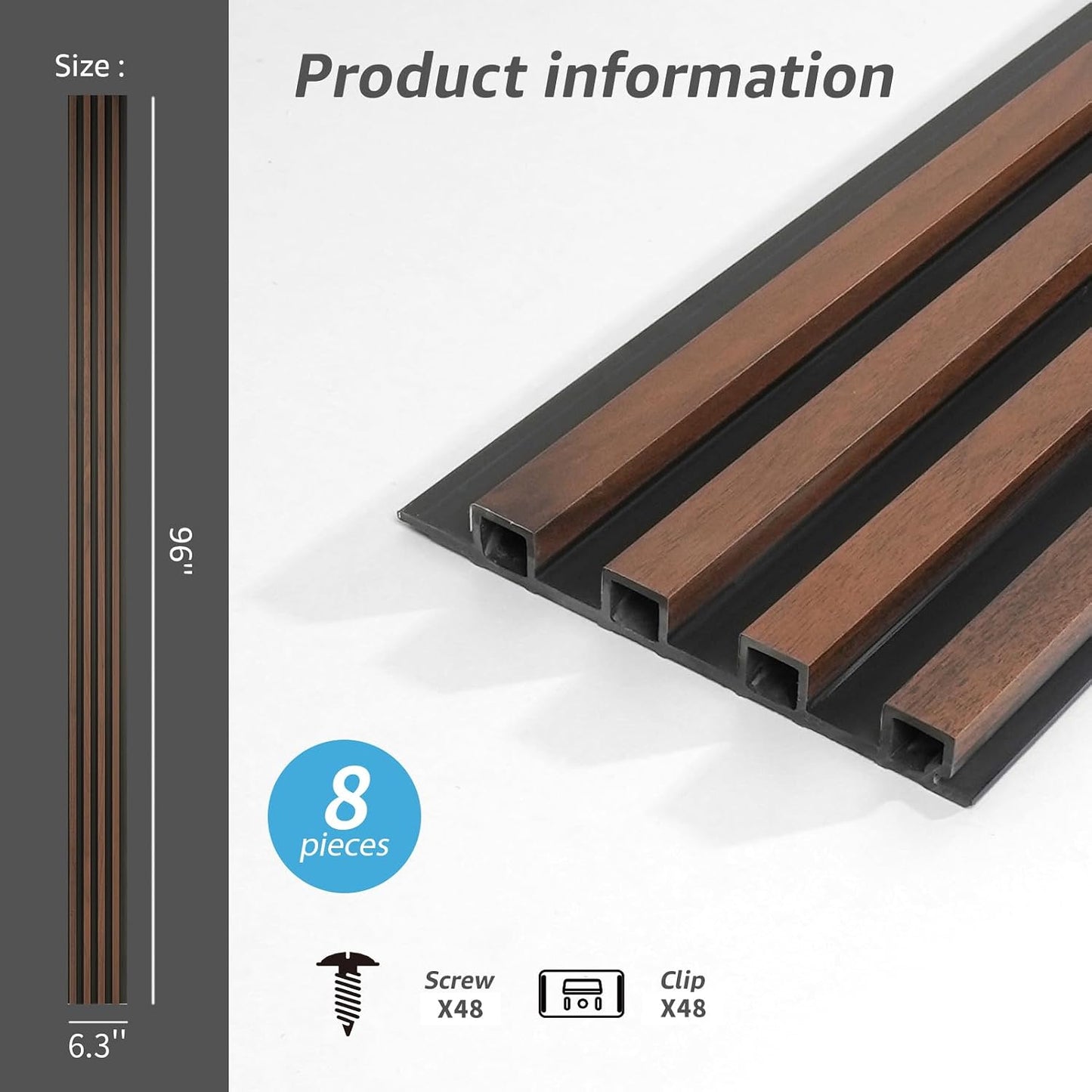WPC Wood Slat Wall Panel for Interior Décor / 96 x 6 / Walnut / Set of 8