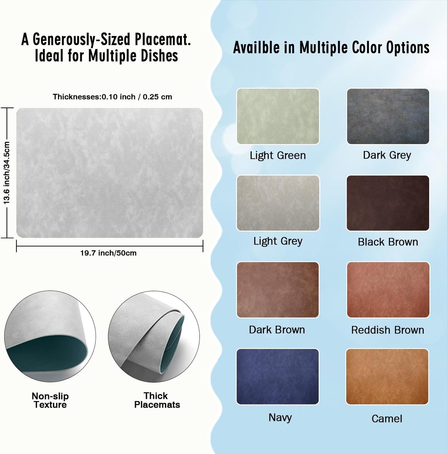 UnivoColors Washed Cowhide Pattern Faux Leather Big Size Placemats Set of 8, Waterproof Easy to Clean Anti-Slip PU