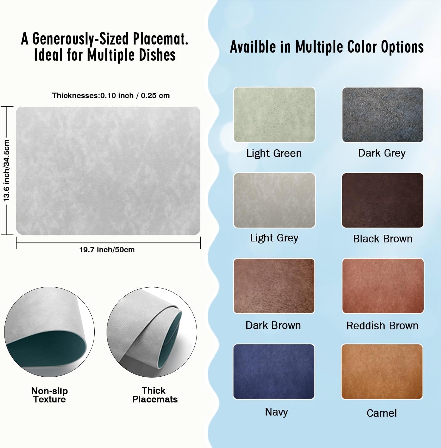 UnivoColors Washed Cowhide Pattern Faux Leather Big Size Placemats Set of 8, Waterproof Easy to Clean Anti-Slip PU