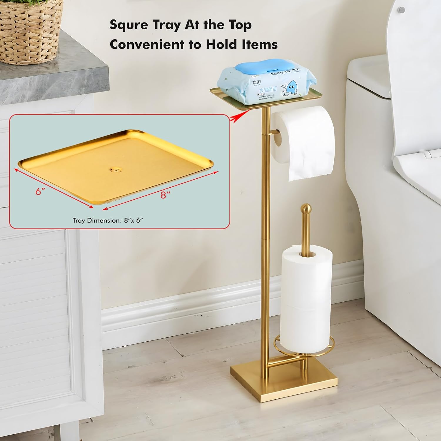 Toilet Paper Holder with Tray At the Top, Heavy-Weighted Base No Wobbly, Freestanding Toilet Paper Rolls Stand, Hold