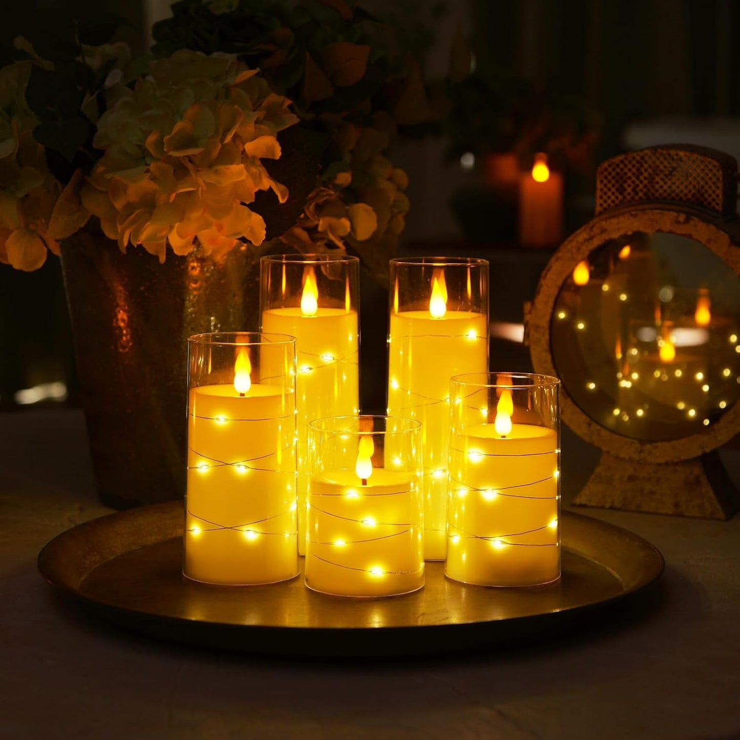 Homemory Pure White Flameless Candles with Embedded Star String Fairy Lights, Battery Operated Candle, LED Candles