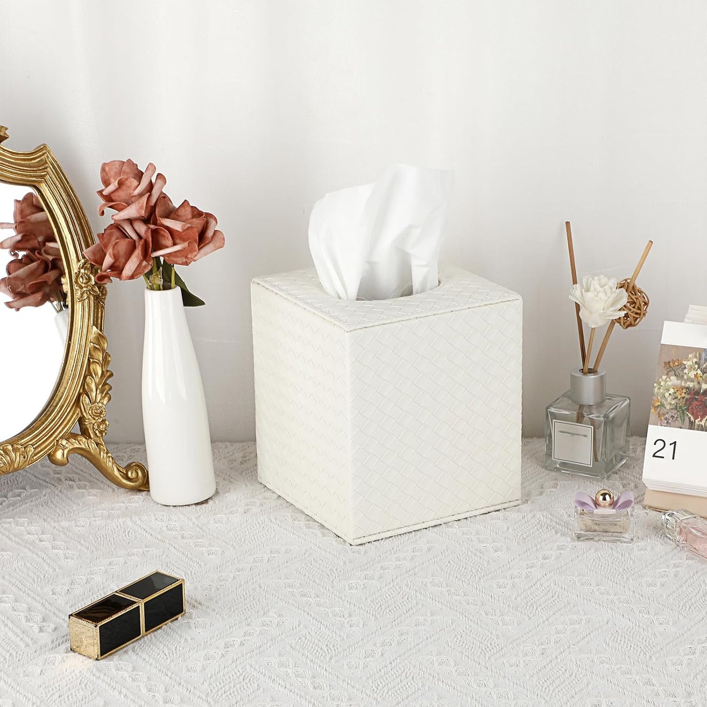 Tissue Box Cover Square Tissue Box Stylish PU Woven Lozenge Pattern Tissue Box Holder / White