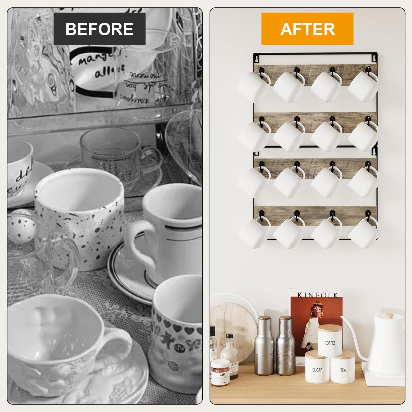 IBUYKE Coffee Mug Holder Wall Mounted,Set of 3,24 Hooks,Greige TBJ005Y-3 | Mug Racks for Wall Rustic Wood Coffee Mug