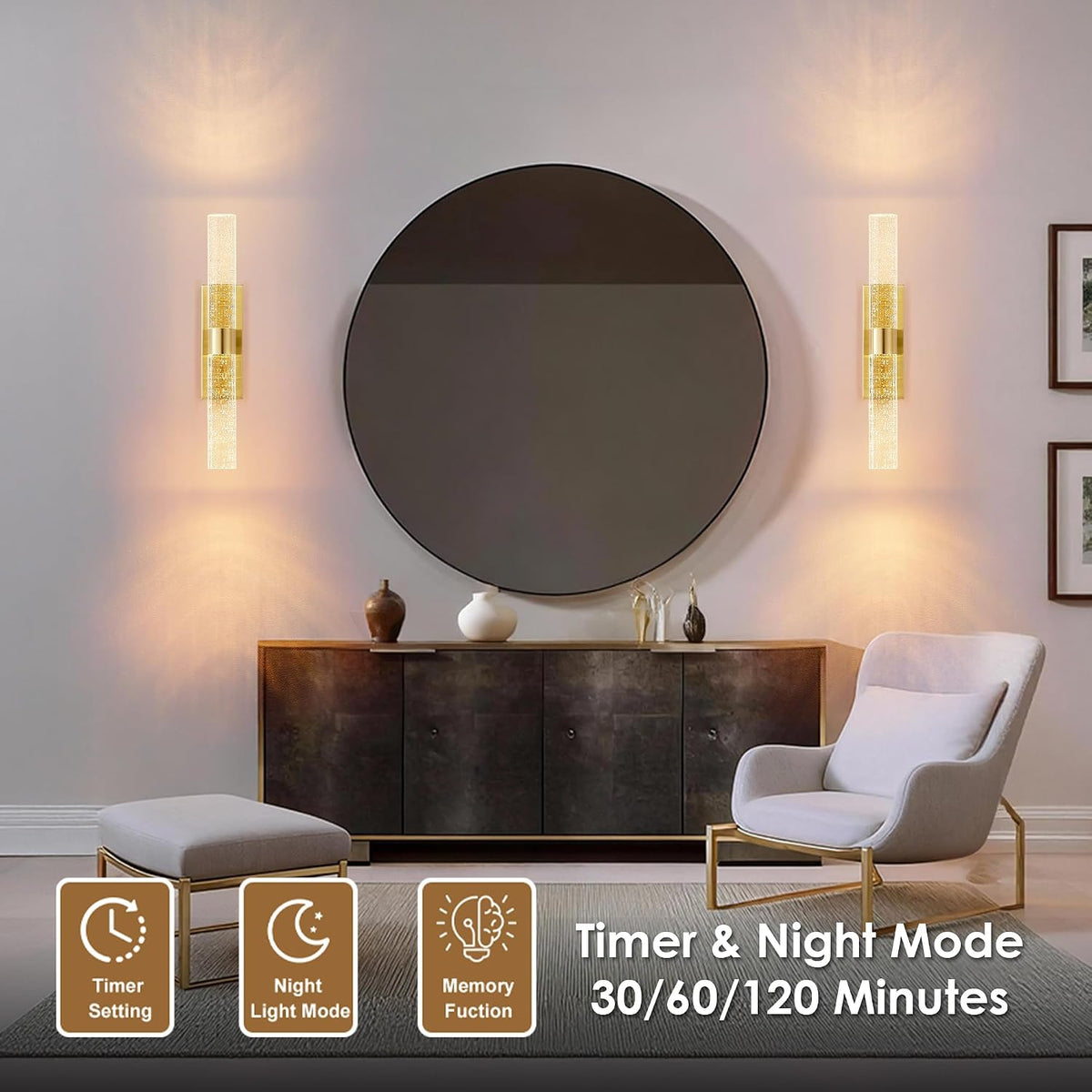 KARTOOSH Gold Battery Operated Wall Sconce Set of Two with Remote Control | Rechargeable Wireless Wall Decor Light